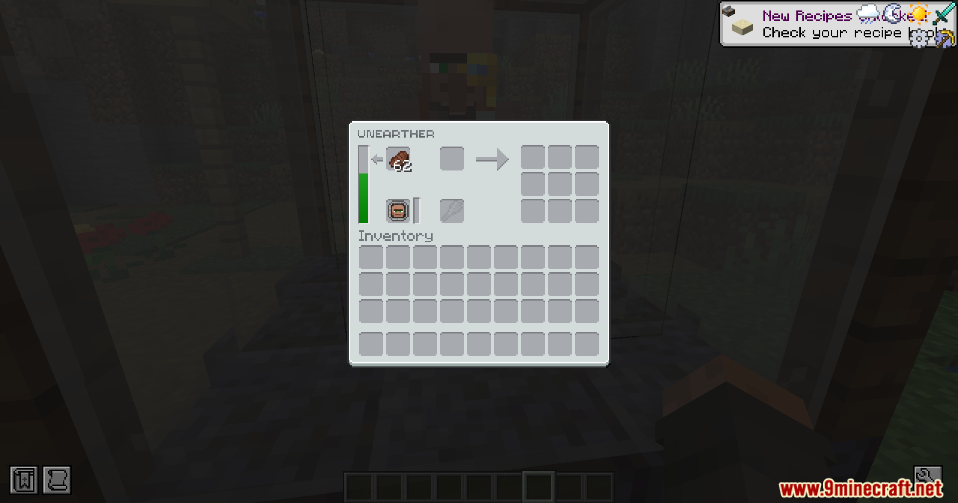 The Unearther machine interface showing raw materials and food for villager workers