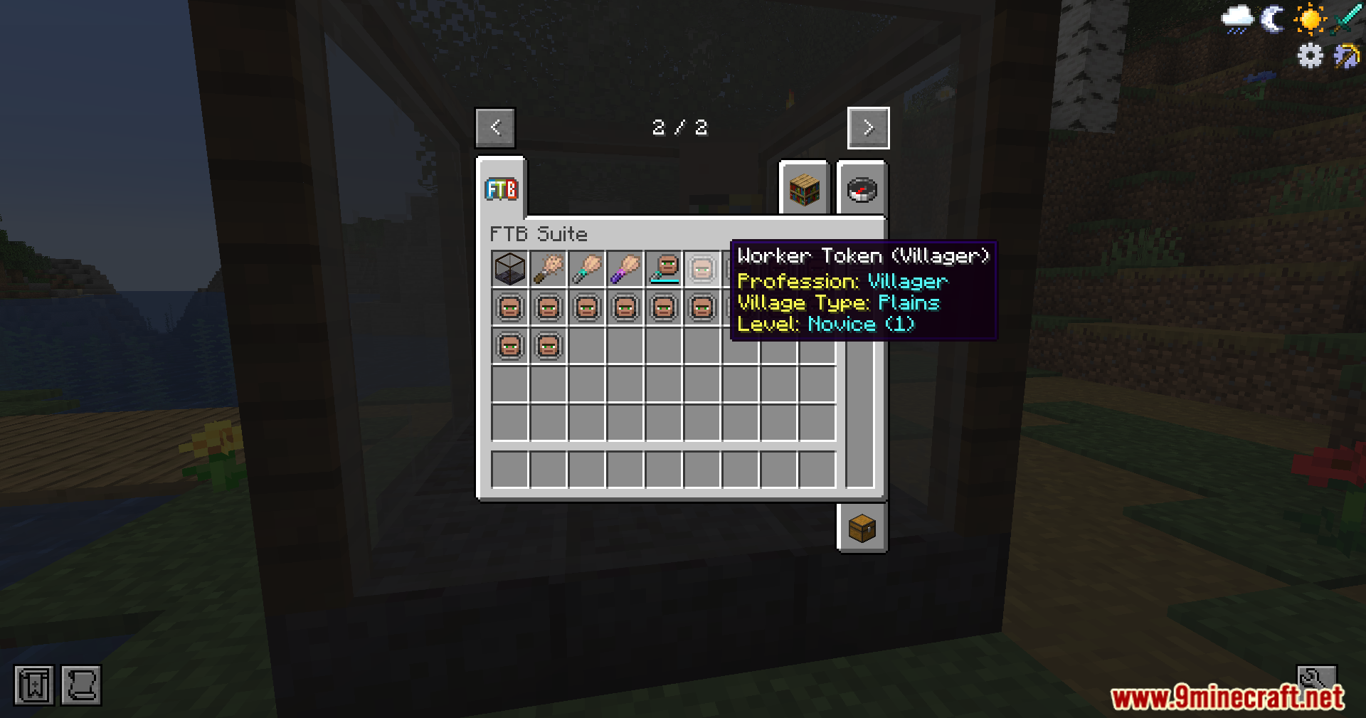 FTB Unearthed mod menu showing a worker token for a novice villager