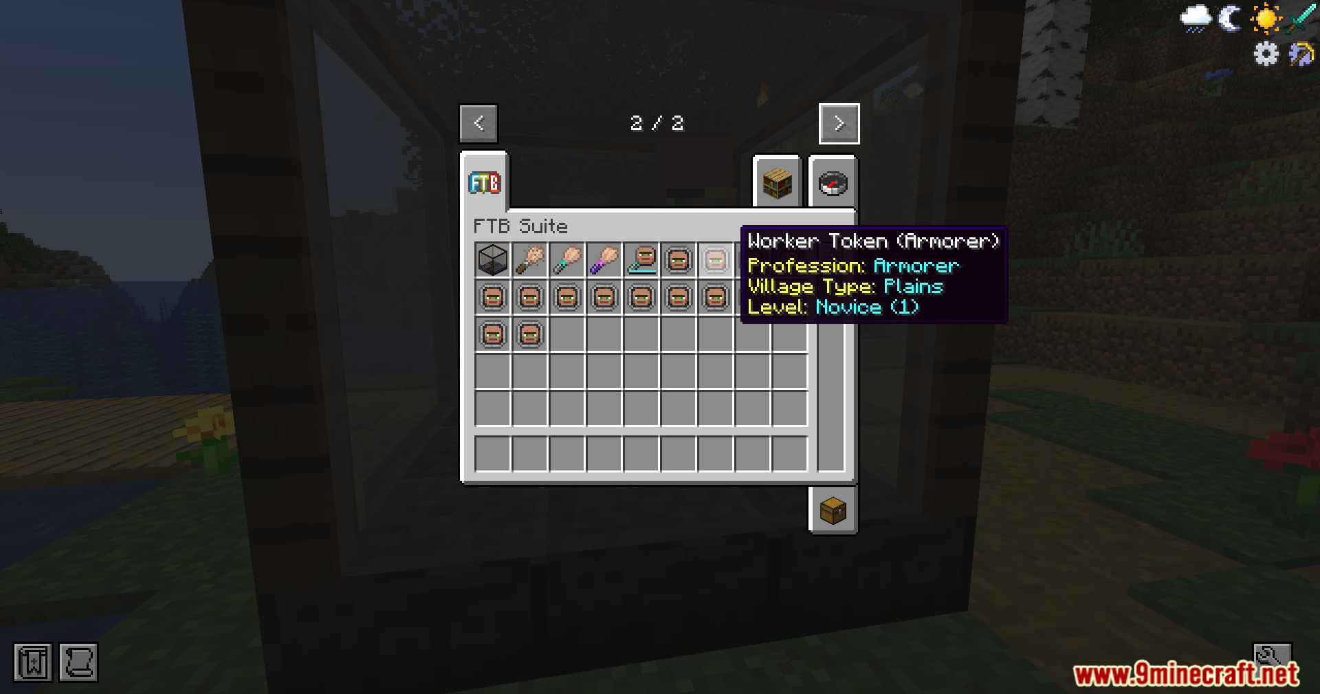 Minecraft inventory screen showing a worker token for a novice plains armorer