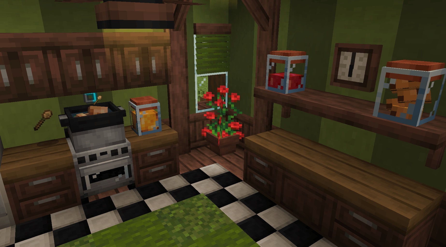 Fabulous Furniture Addon Screenshot 2 Modern kitchen interior with checkered floor stove cabinets and decorative glass jars