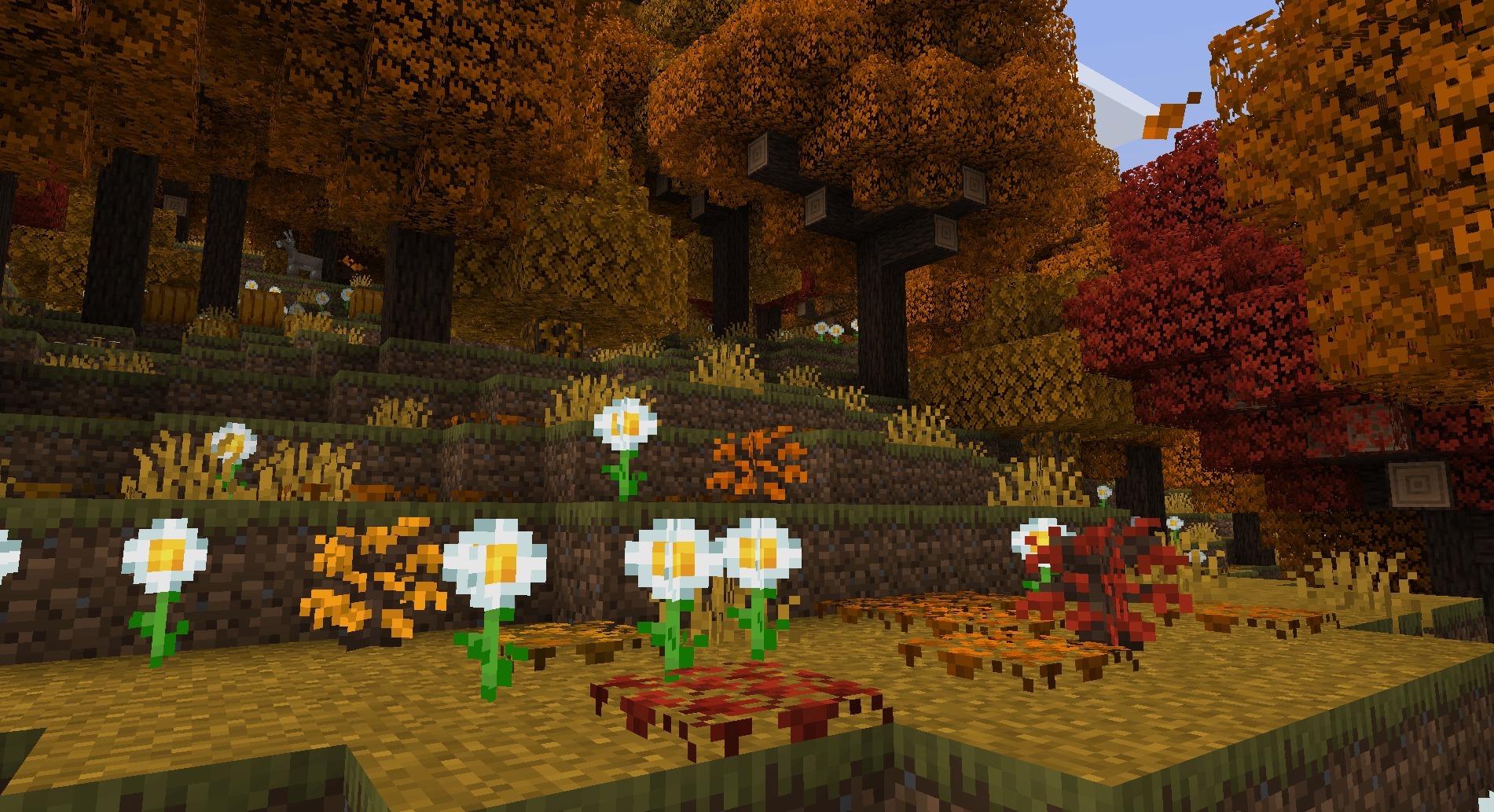 Fabulous Furniture Addon Screenshot 3 Beautiful autumn forest with orange leaf trees and white flowers in Minecraft