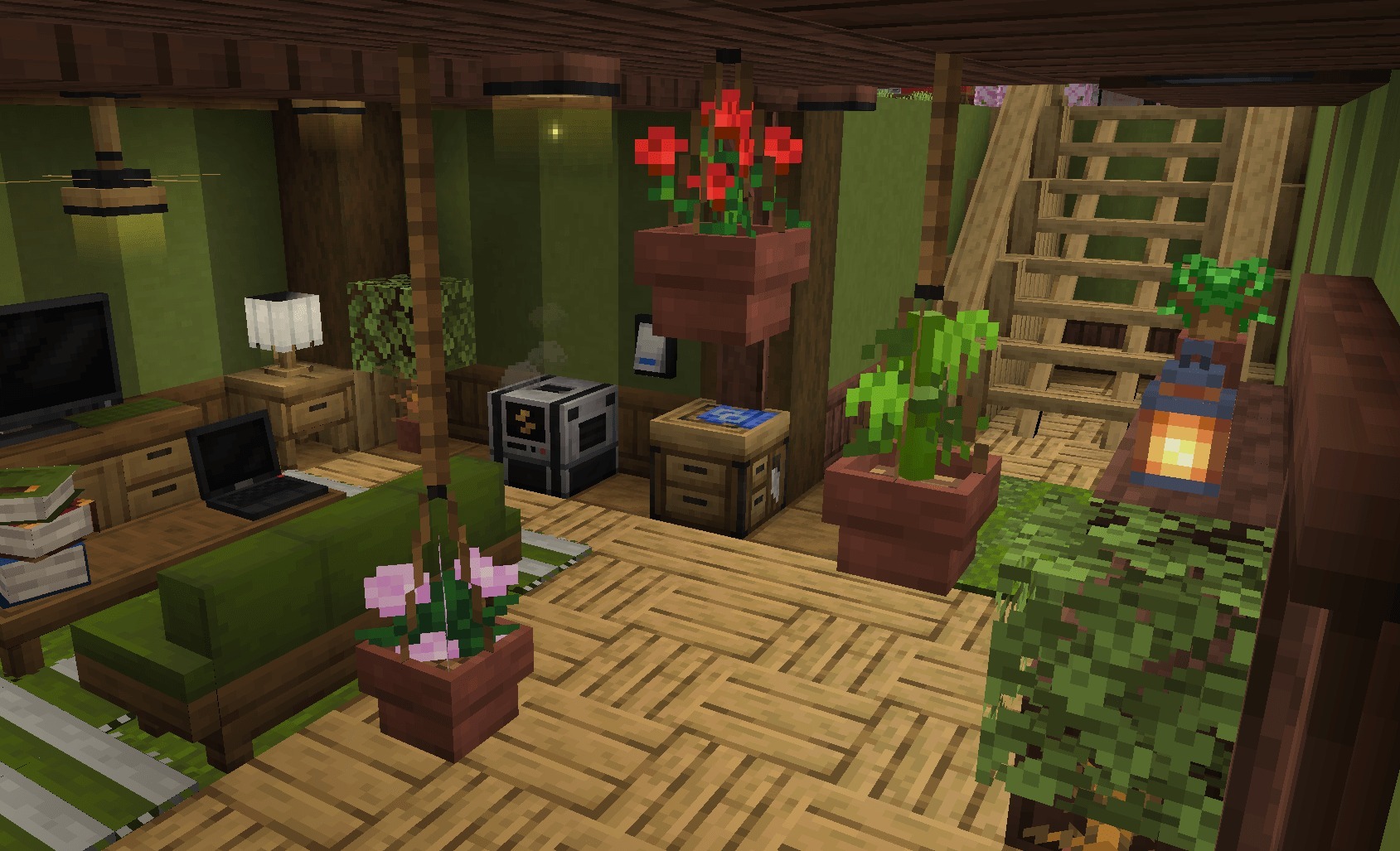 Fabulous Furniture Addon Screenshot 4 Cozy interior with green sofa laptop and plants from the Fabulous Furniture Addon