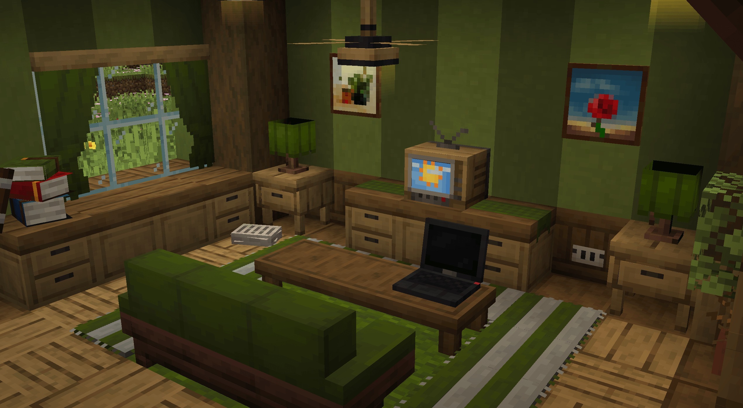 Fabulous Furniture Addon Screenshot 5 Living room interior featuring a green sofa and various wooden furniture blocks