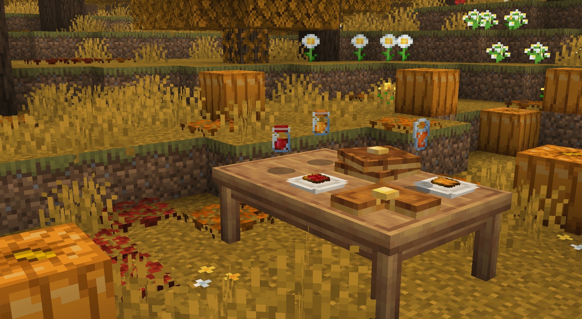 Fabulous Furniture Addon Screenshot 6 Outdoor wooden table with food items and jars in a grassy field