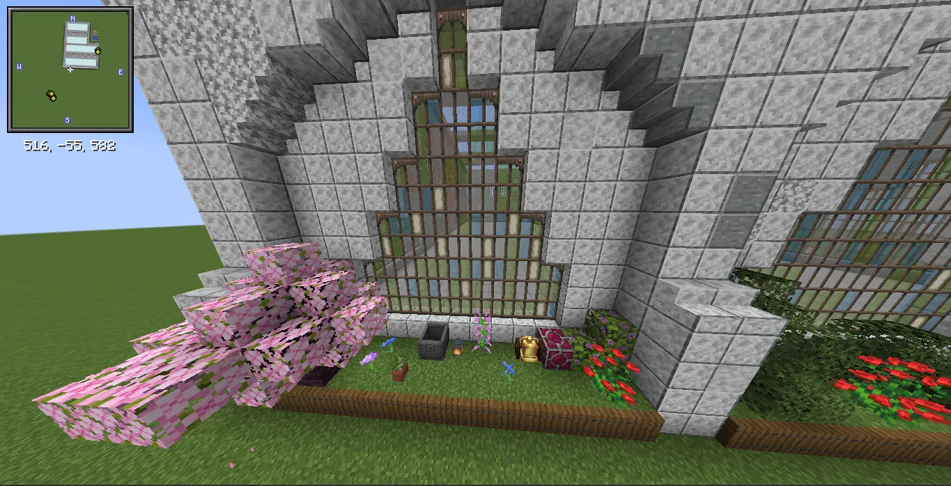 Factory Adg Schematic Screenshots 5 Large stained glass window and cherry blossom tree outside a stone building
