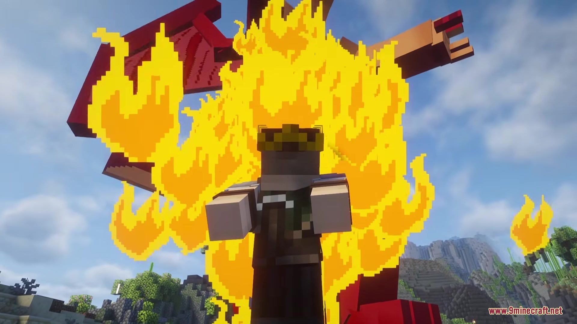 Fairy Mine Fairy Tail Mod Screenshot 3 Player character using Fire Dragon Slayer magic with large pixelated flames