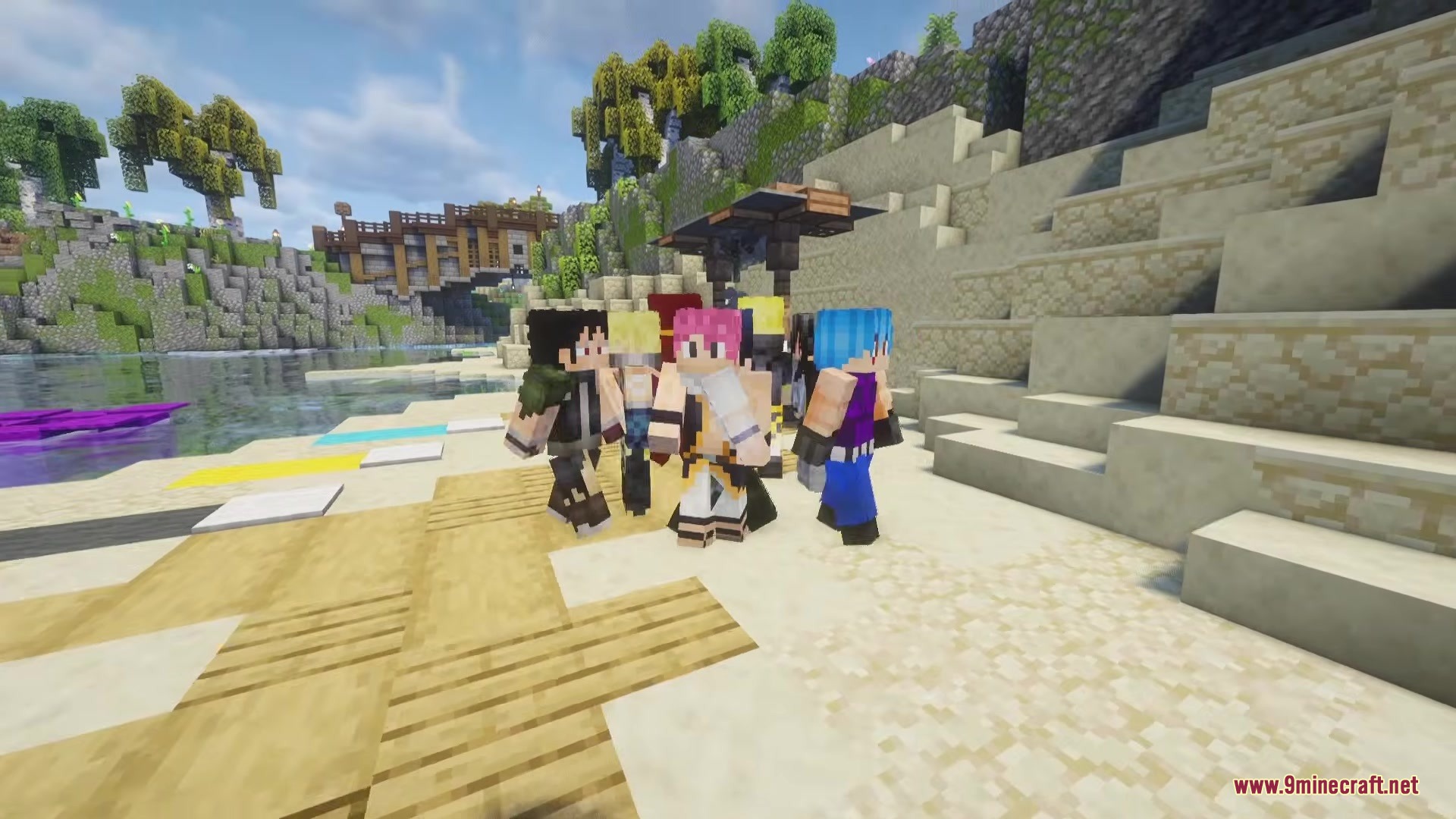 Fairy Mine Fairy Tail Mod Screenshot 5 Players wearing anime character skins stand together on a sunny Minecraft beach