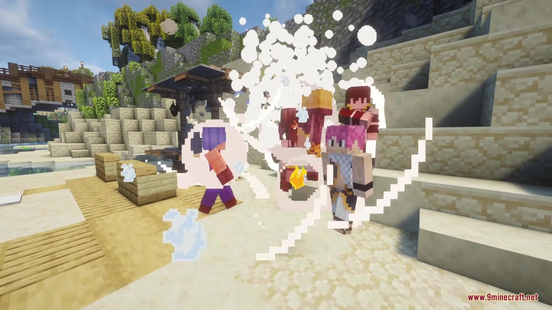 Fairy Mine Fairy Tail Mod Screenshot 7 Minecraft characters engage in magical combat with large white smoke and particle effects
