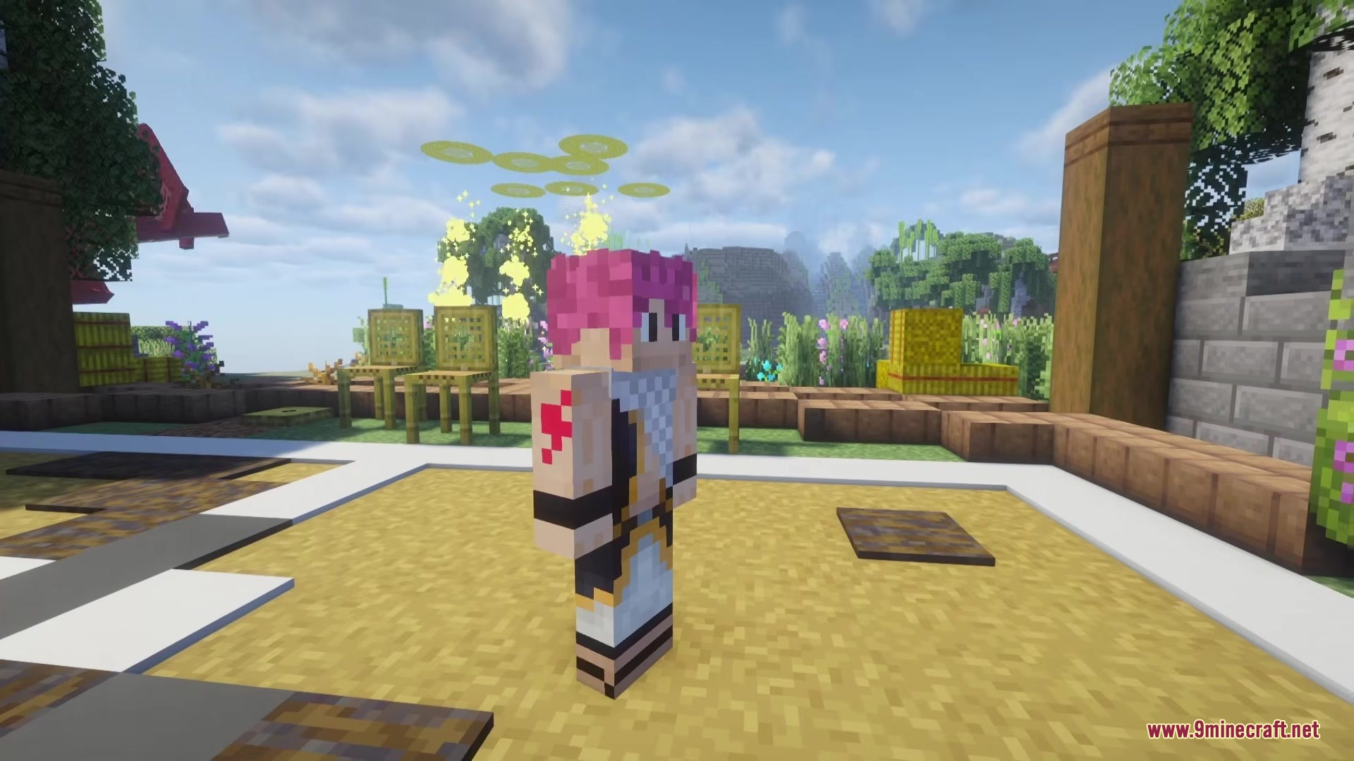 Fairy Mine Fairy Tail Mod Screenshot 8 A character with pink hair stands in a sandy area with floating yellow rings