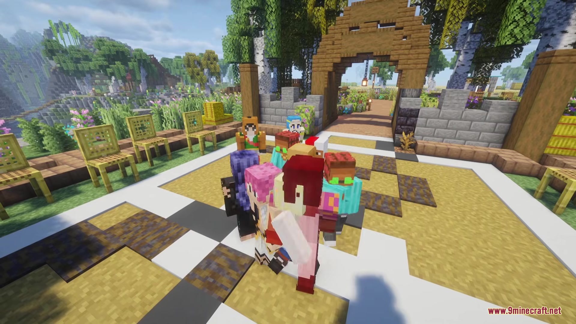 Fairy Mine Fairy Tail Mod Screenshot 9 A group of players standing in a circle within a decorated courtyard