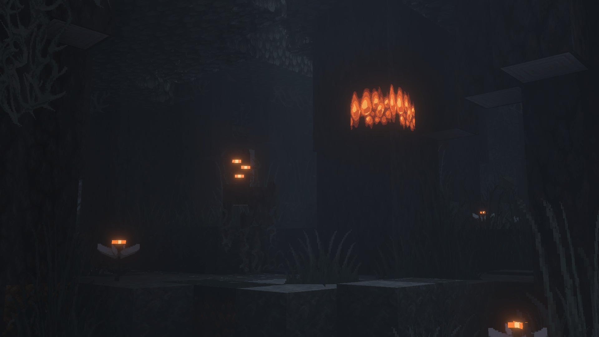 Faithful 64x Addon Screenshot 2 Bright orange crystals illuminating a dark cave with high resolution texture details