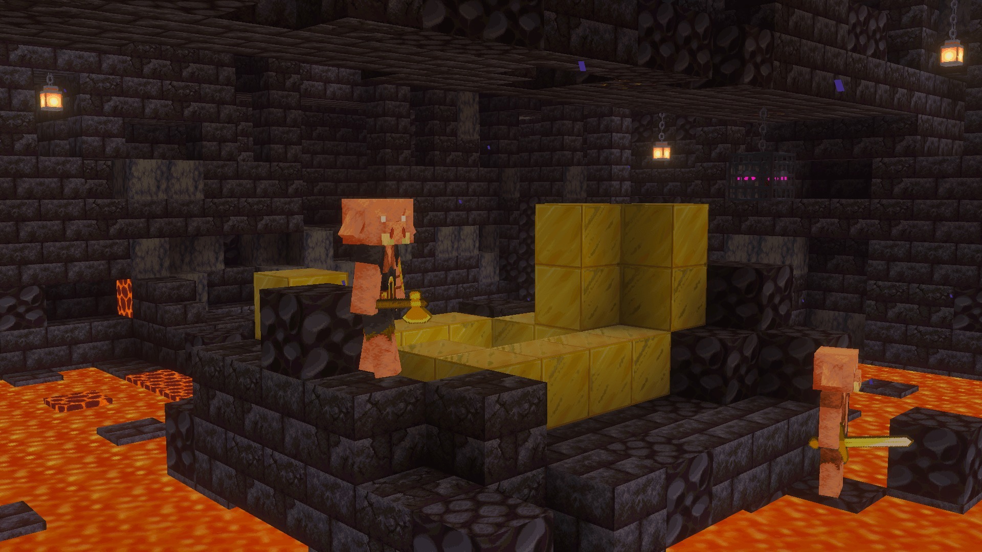 Faithful 64x Addon Screenshot 3 Piglin brutes guarding gold blocks in a detailed blackstone bastion structure