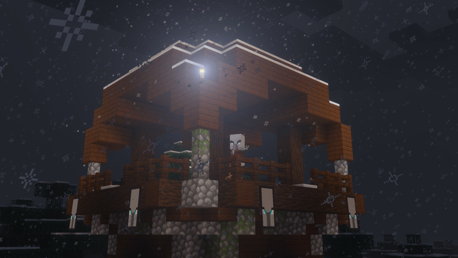 Faithful 64x Addon Screenshot 5 Pillager standing on a detailed wooden outpost during a heavy snow storm