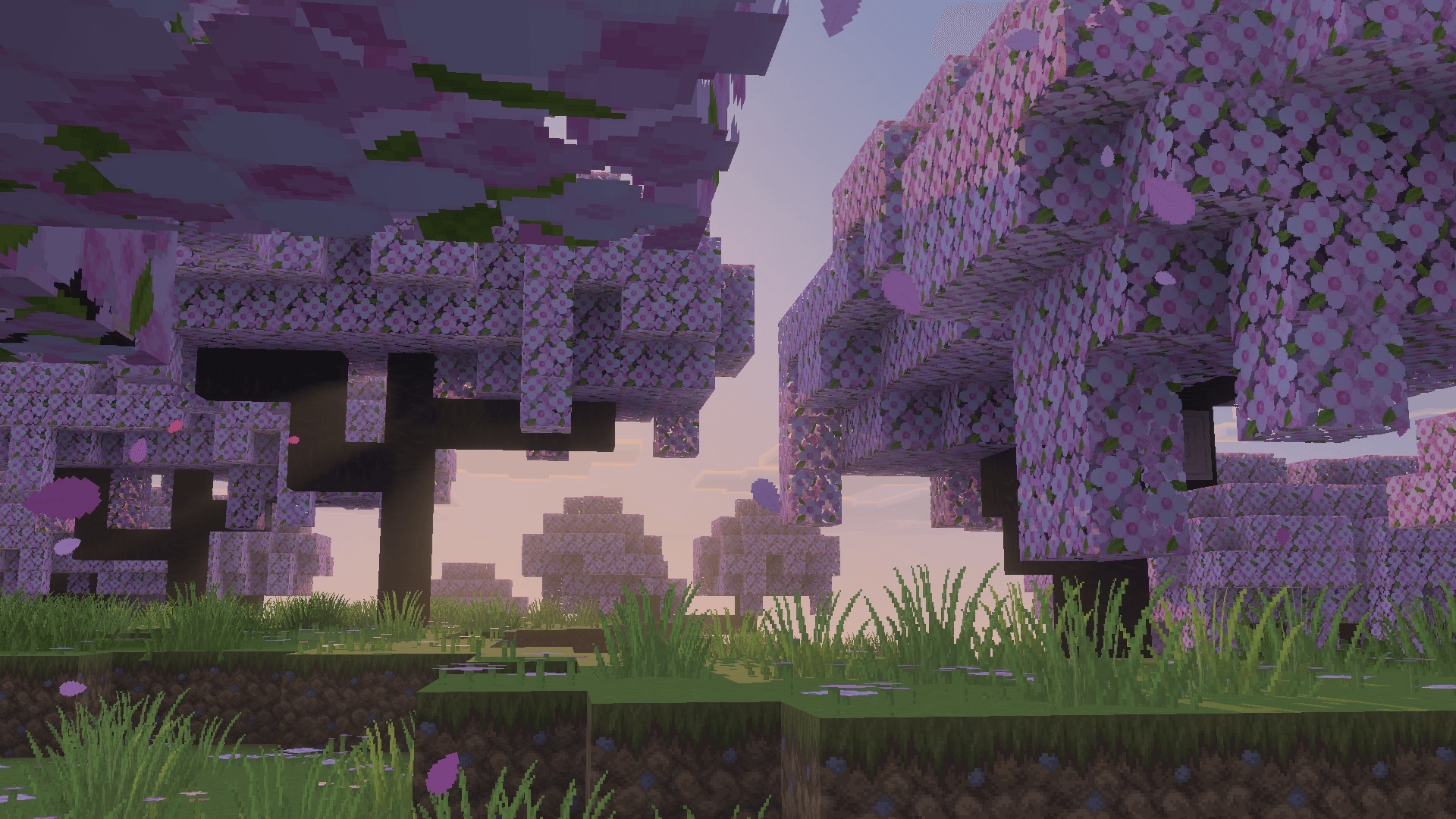 Faithful 64x Addon Screenshot 6 Cherry blossom trees with beautiful pink leaves and falling petals in sunlight