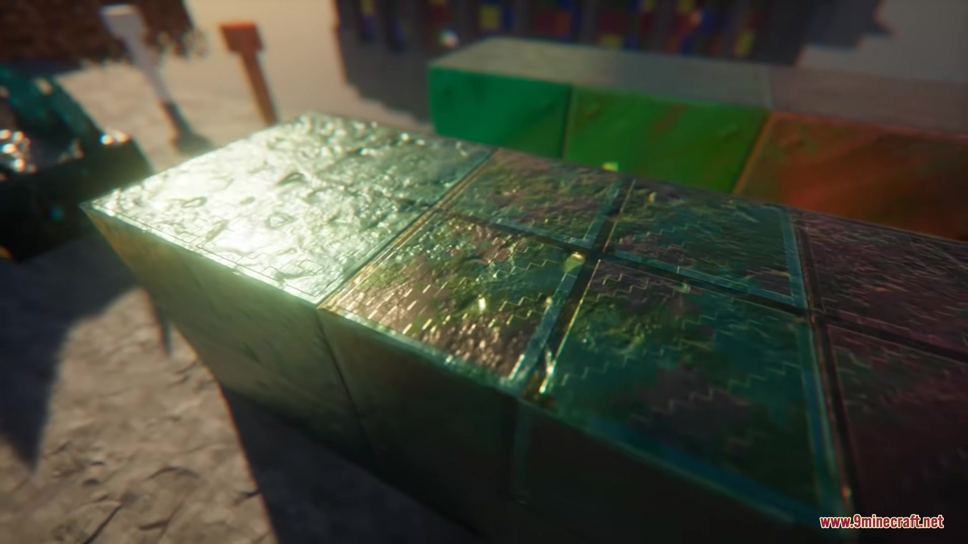 Faithful PBR 256x Resource Pack Screenshot 6 Shiny emerald blocks displaying realistic reflections and bumpy surfaces with shaders