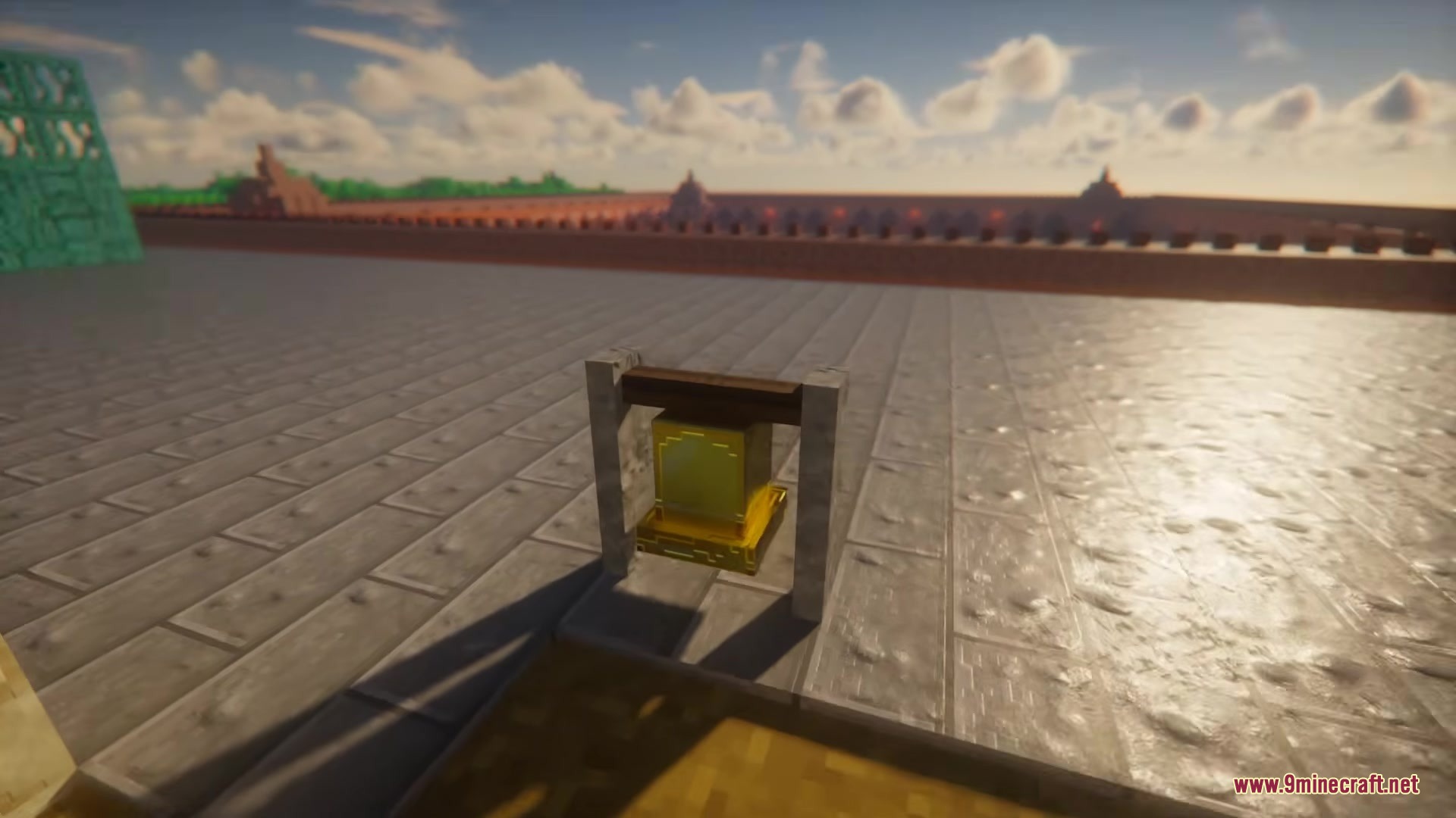 Faithful PBR 256x Resource Pack Screenshot 9 A golden bell hanging between stone pillars showing realistic lighting and textures