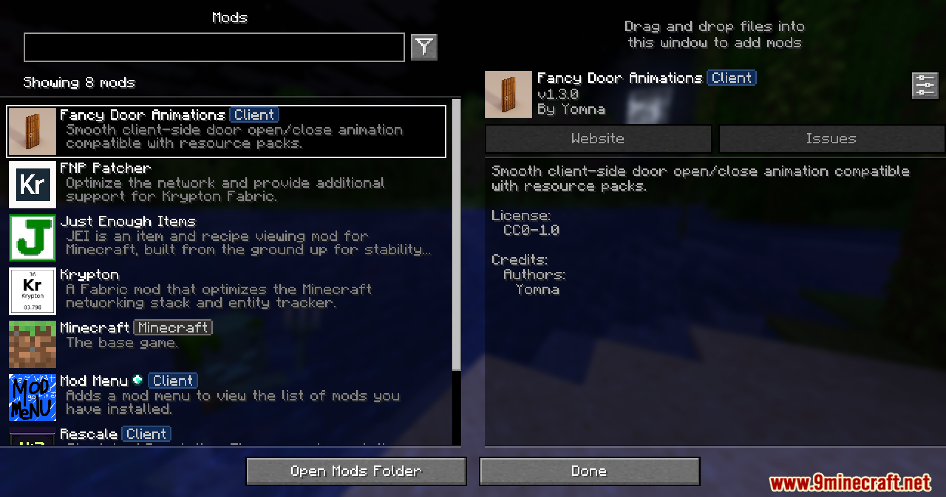 Fancy Door Animations Mod Screenshot 1 Minecraft mod menu screen showing the Fancy Door Animations mod installed and active