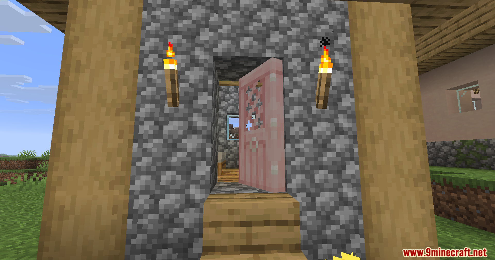 Fancy Door Animations Mod Screenshot 10 A pink cherry wood door swinging open to show the house interior
