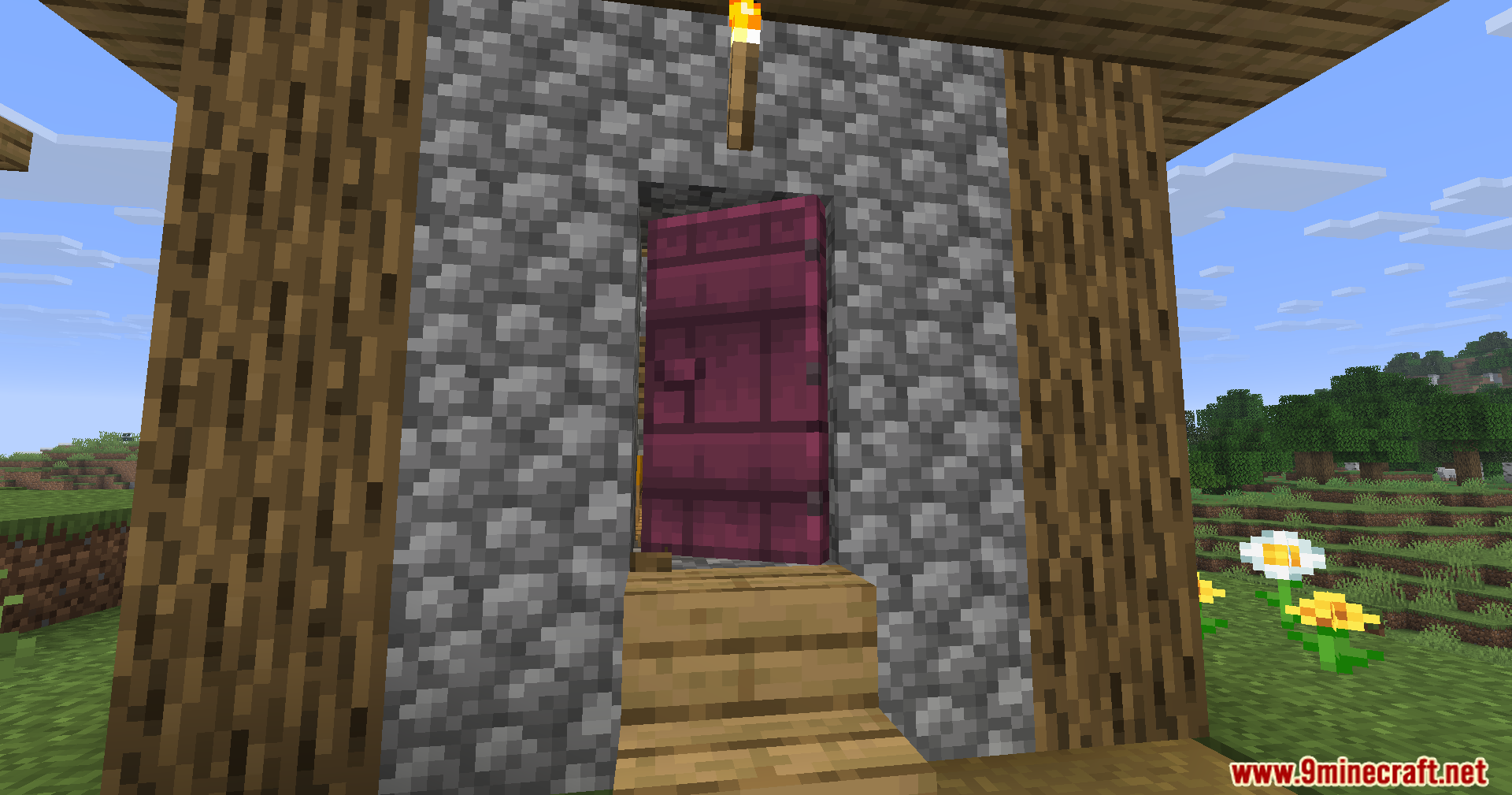 Fancy Door Animations Mod Screenshot 11 Fancy Door Animations Mod adds a smooth swinging motion to a crimson door