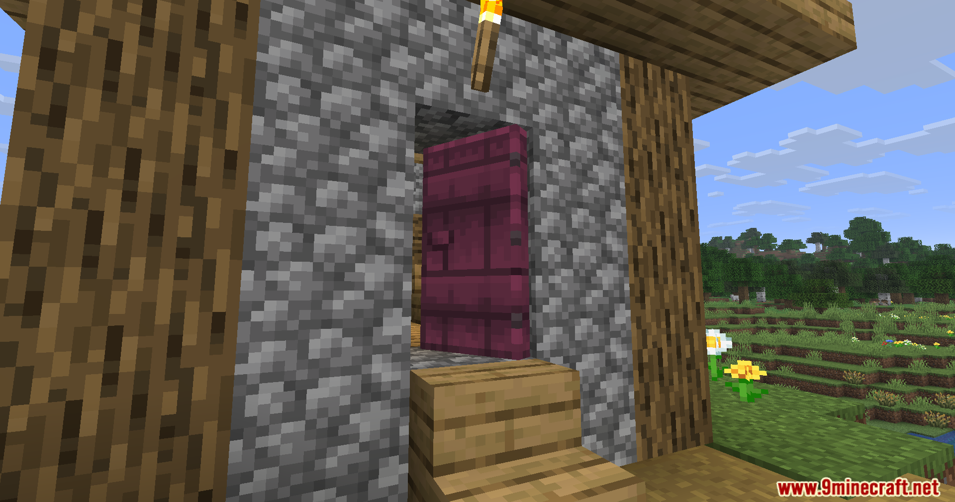 Fancy Door Animations Mod Screenshot 12 The crimson door continues its fluid opening motion in a Minecraft village house