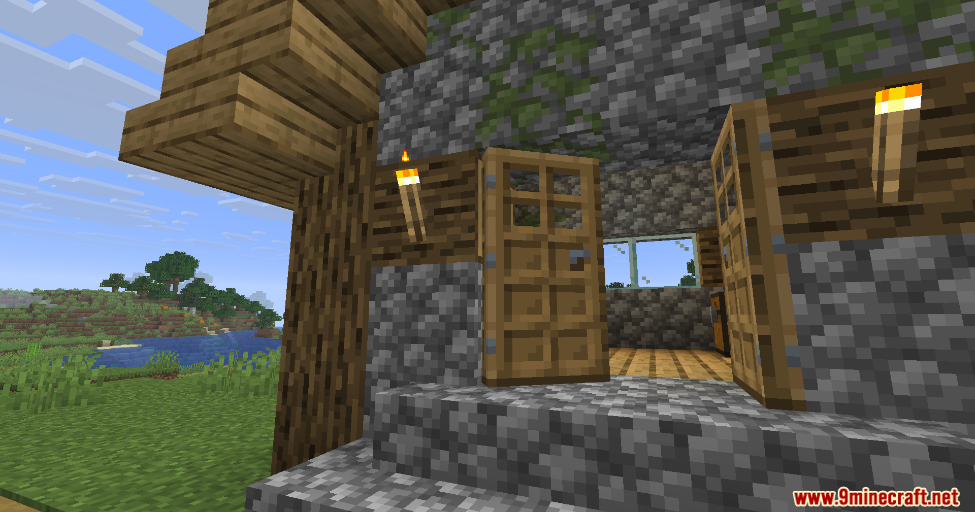 Fancy Door Animations Mod Screenshot 4 Two wooden doors displaying smooth opening movements on a village house exterior