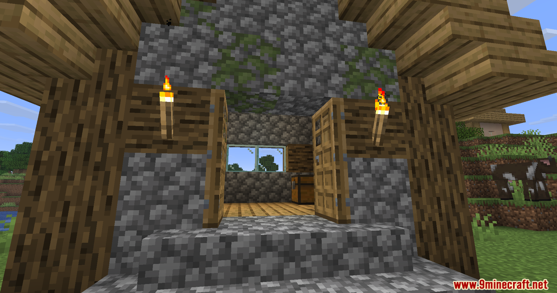 Fancy Door Animations Mod Screenshot 5 Double wooden doors swinging open at the entrance of a cobblestone house