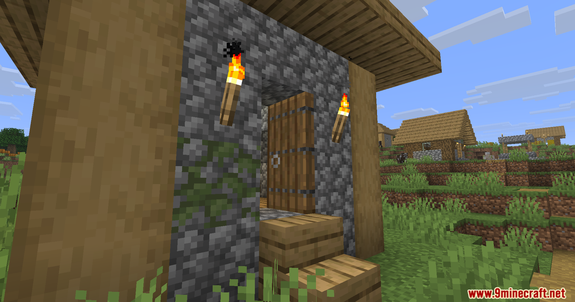 Fancy Door Animations Mod Screenshot 6 A single wooden door showing a smooth opening animation on a house