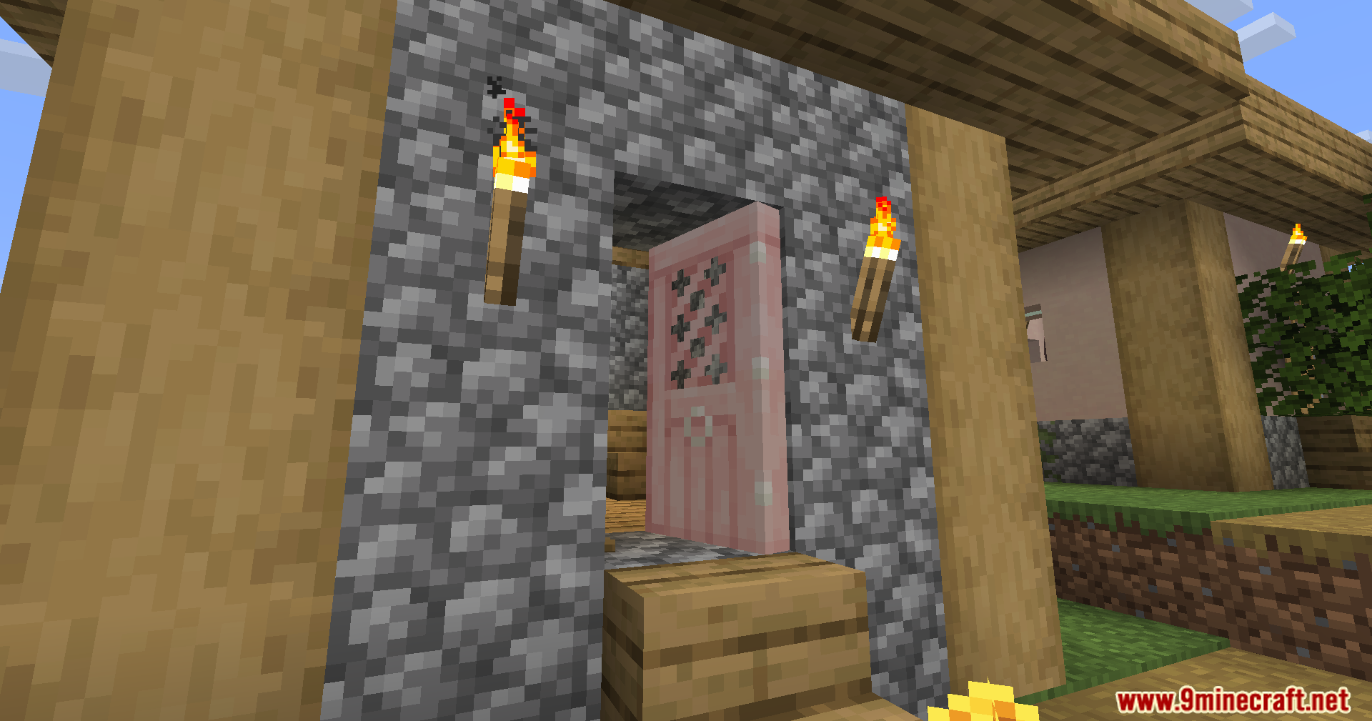 Fancy Door Animations Mod Screenshot 8 A pink cherry wood door showing a smooth opening animation in Minecraft