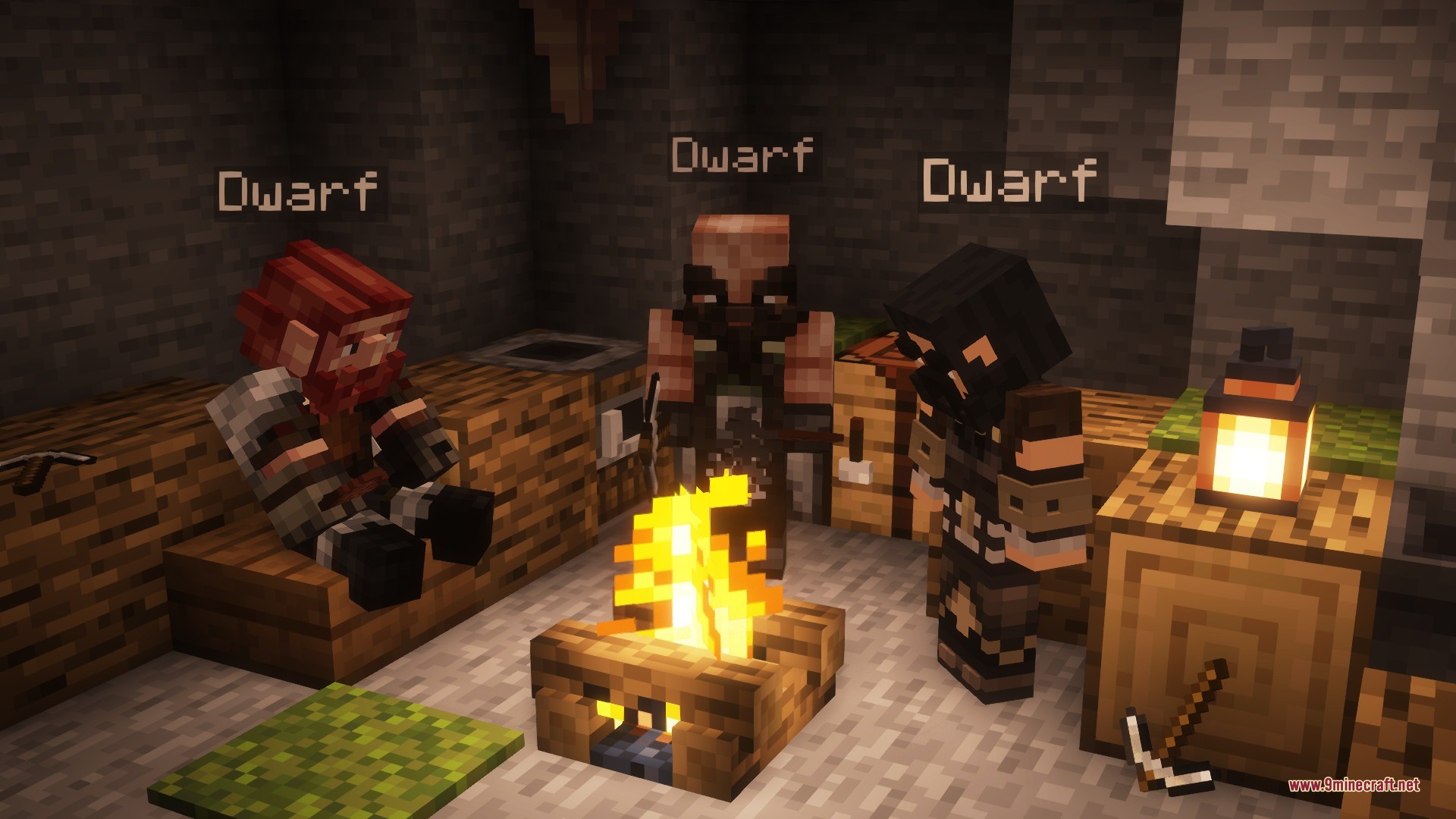 Fancy Npcs Plugin Screenshot 1 Three custom dwarf NPCs sitting and standing around a campfire in a cave