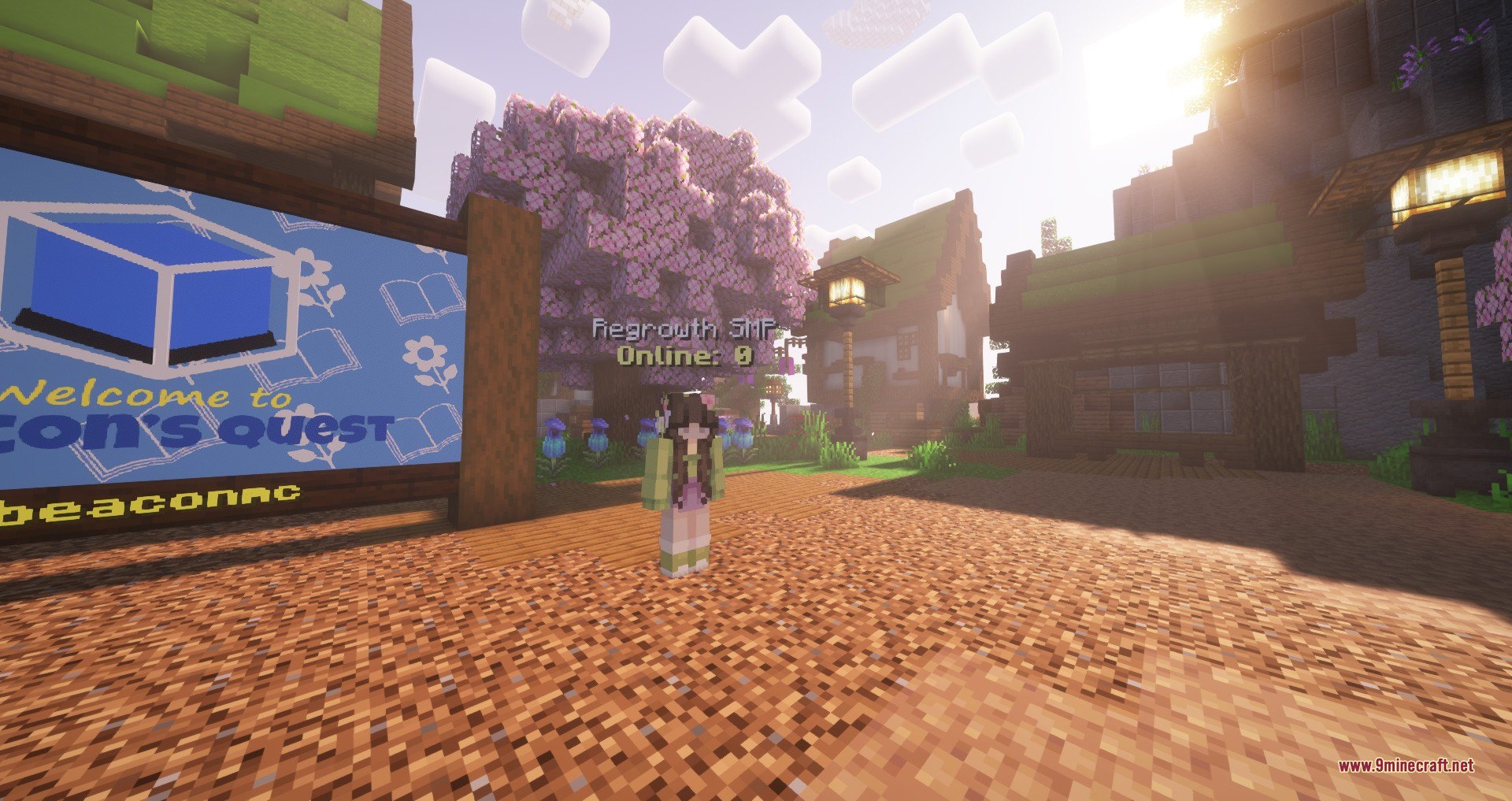 Fancy Npcs Plugin Screenshot 2 Player character standing in a bright village square near a cherry blossom tree