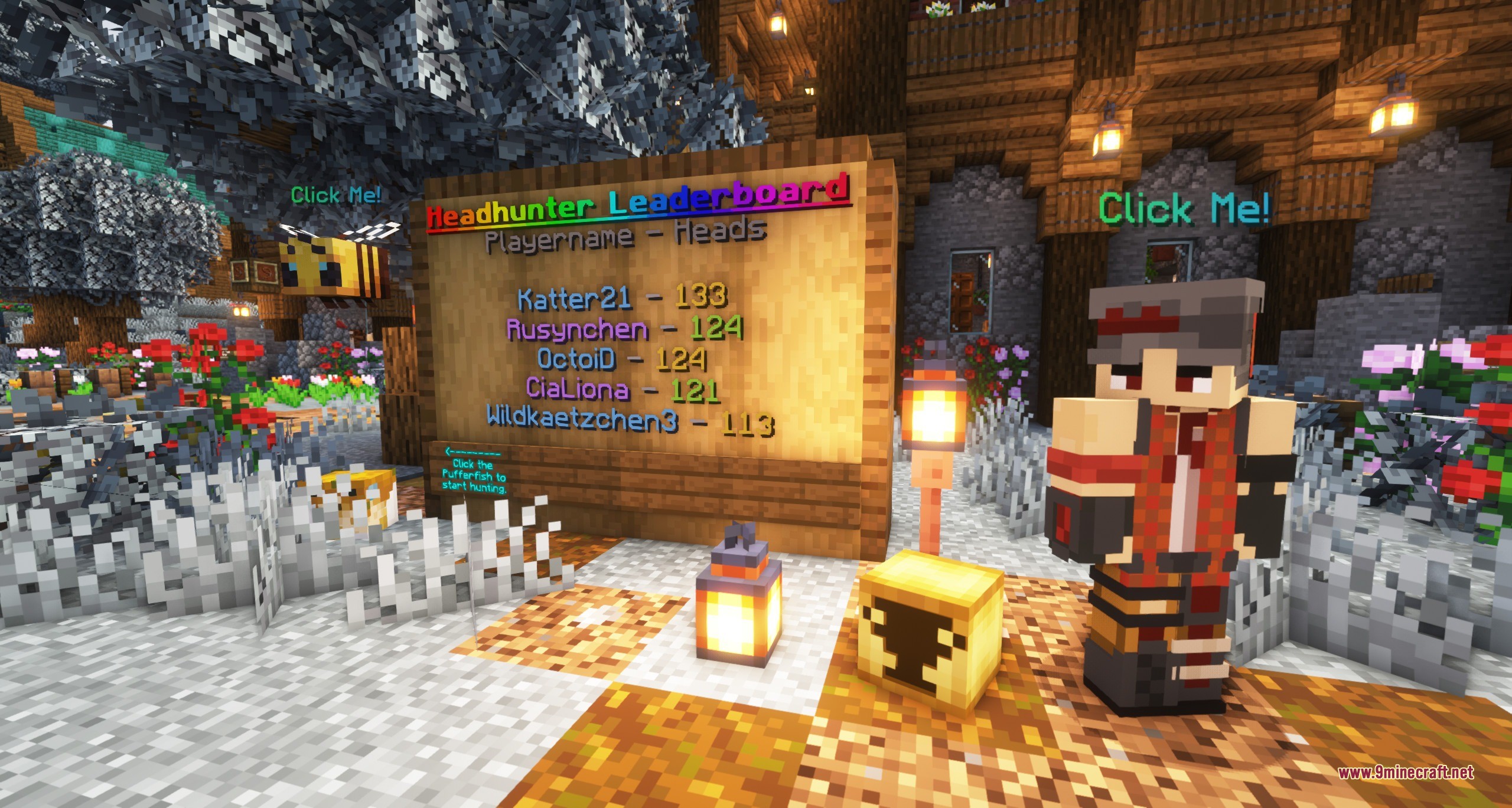 Fancy Npcs Plugin Screenshot 4 Interactive NPC character standing next to a leaderboard sign in a snowy lobby