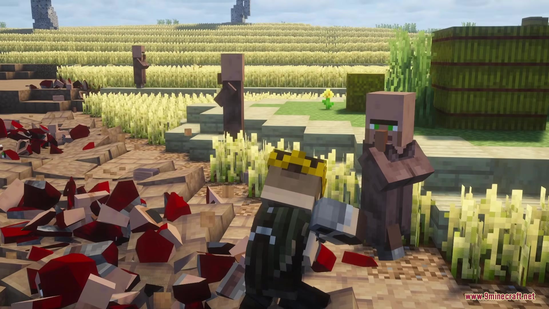 A player stands near a villager amidst red remains in Fangs and Claws