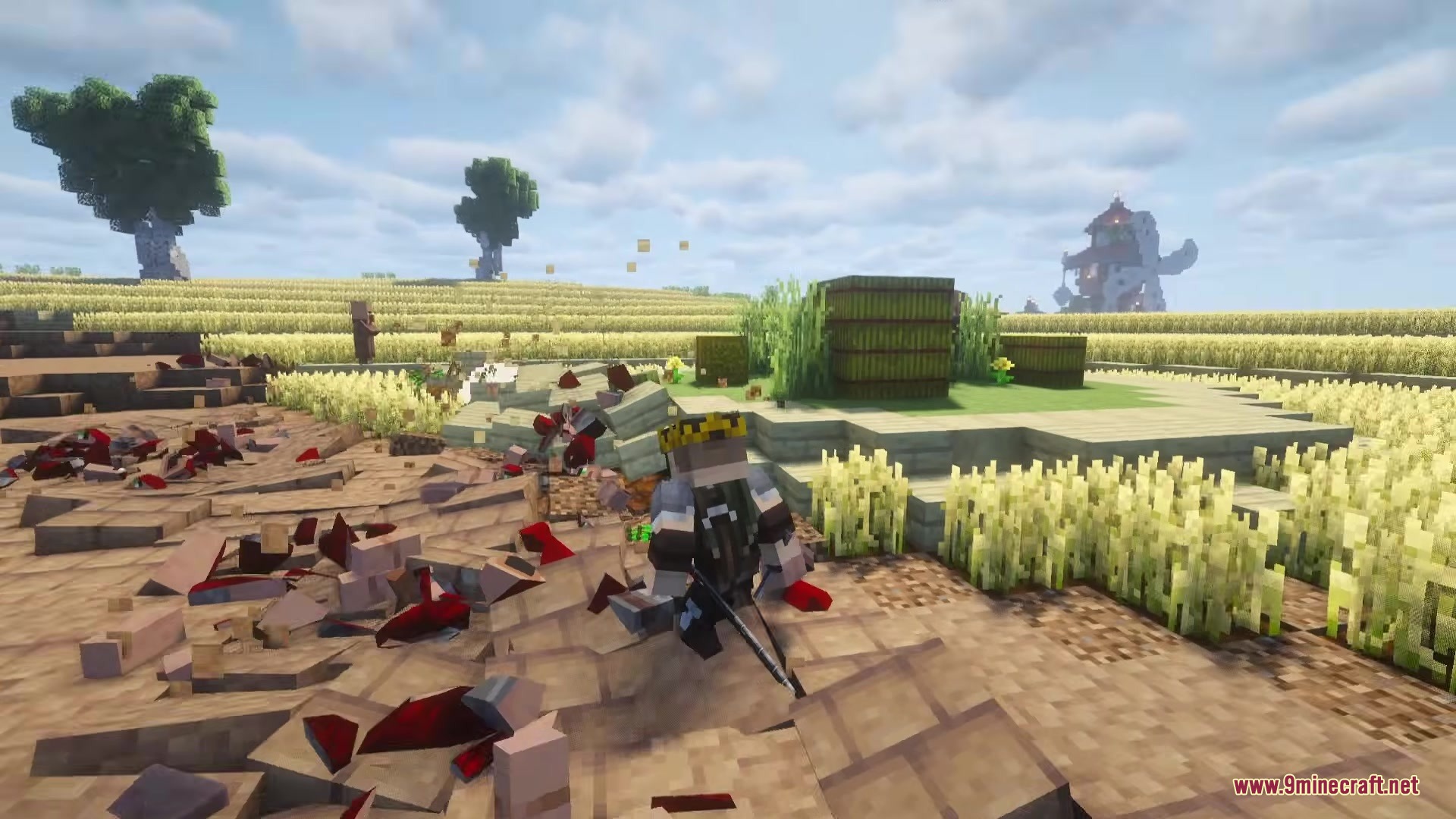A player stands amidst debris on a path destroyed by monster block breaking