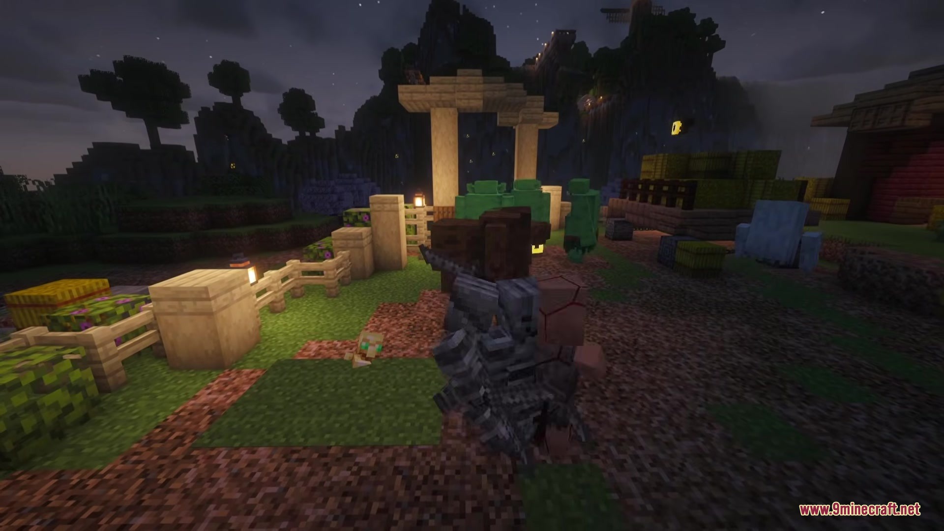 Silver Skeletons and a small goblin gather in a village at night