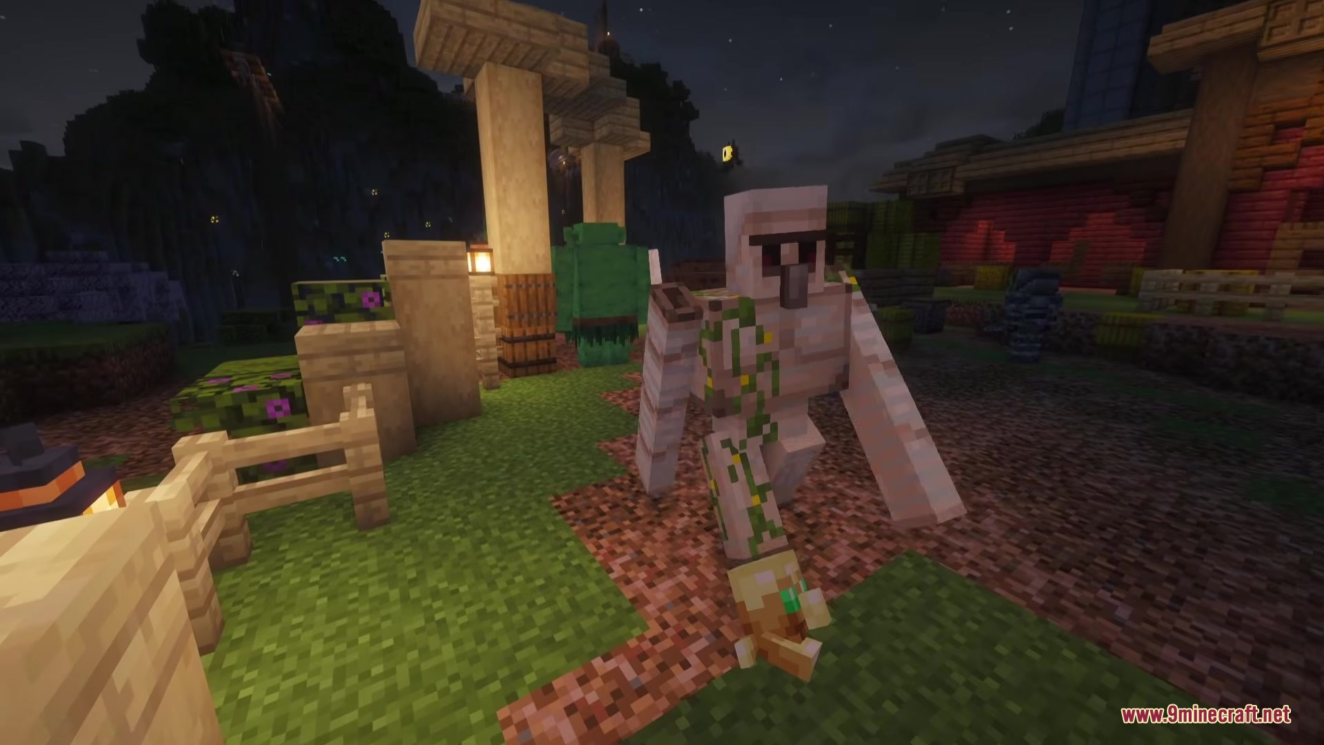 An Iron Golem stands guard near a small goblin in the dark
