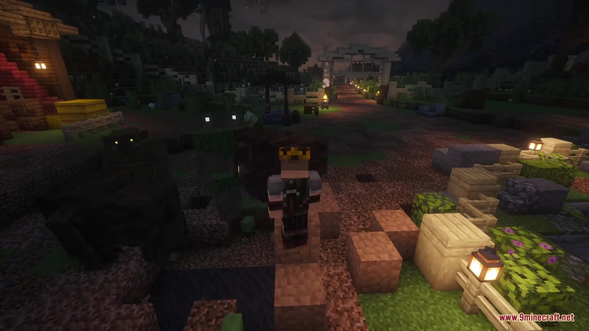 A player wearing a crown stands near dark monsters with glowing yellow eyes