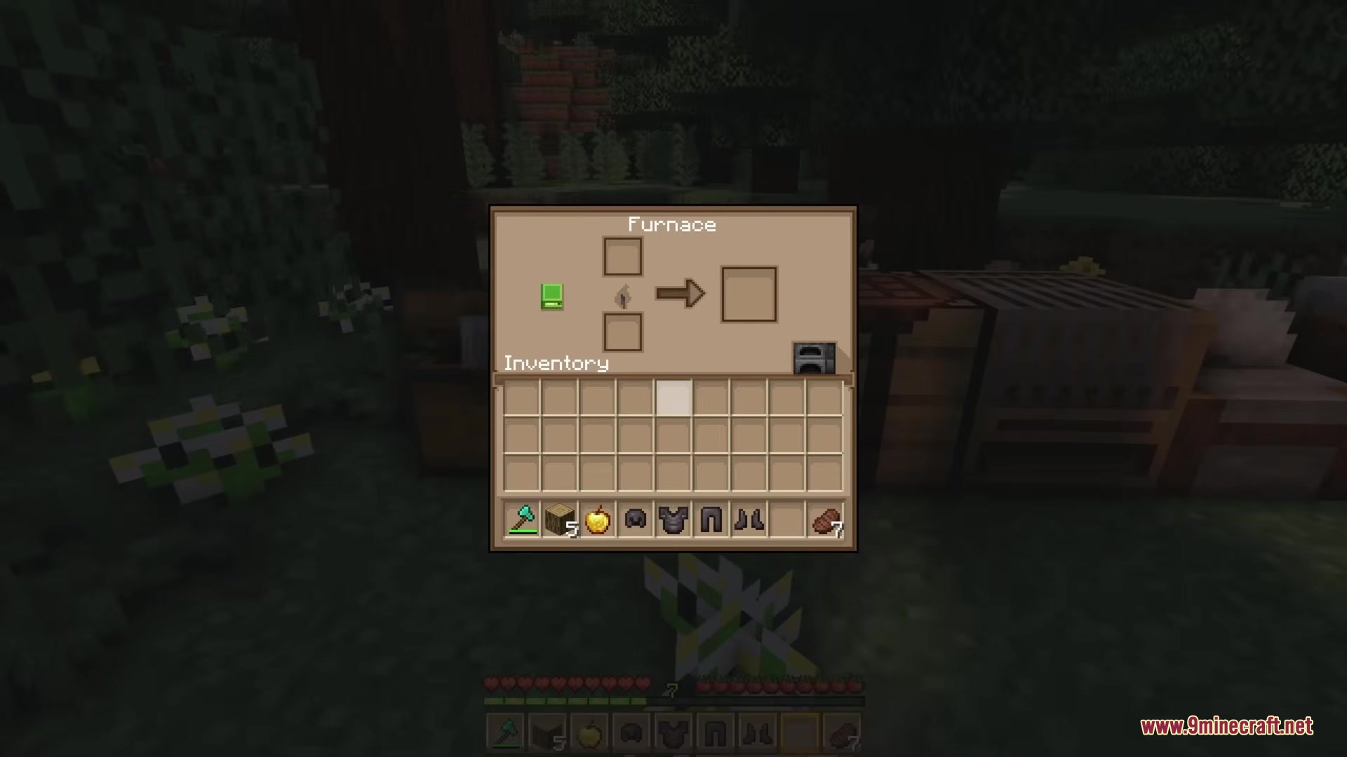 Farmer GUI by MaTik Resource Pack Screenshot 4 A furnace interface with golden colors and a warm wheat theme in a forest