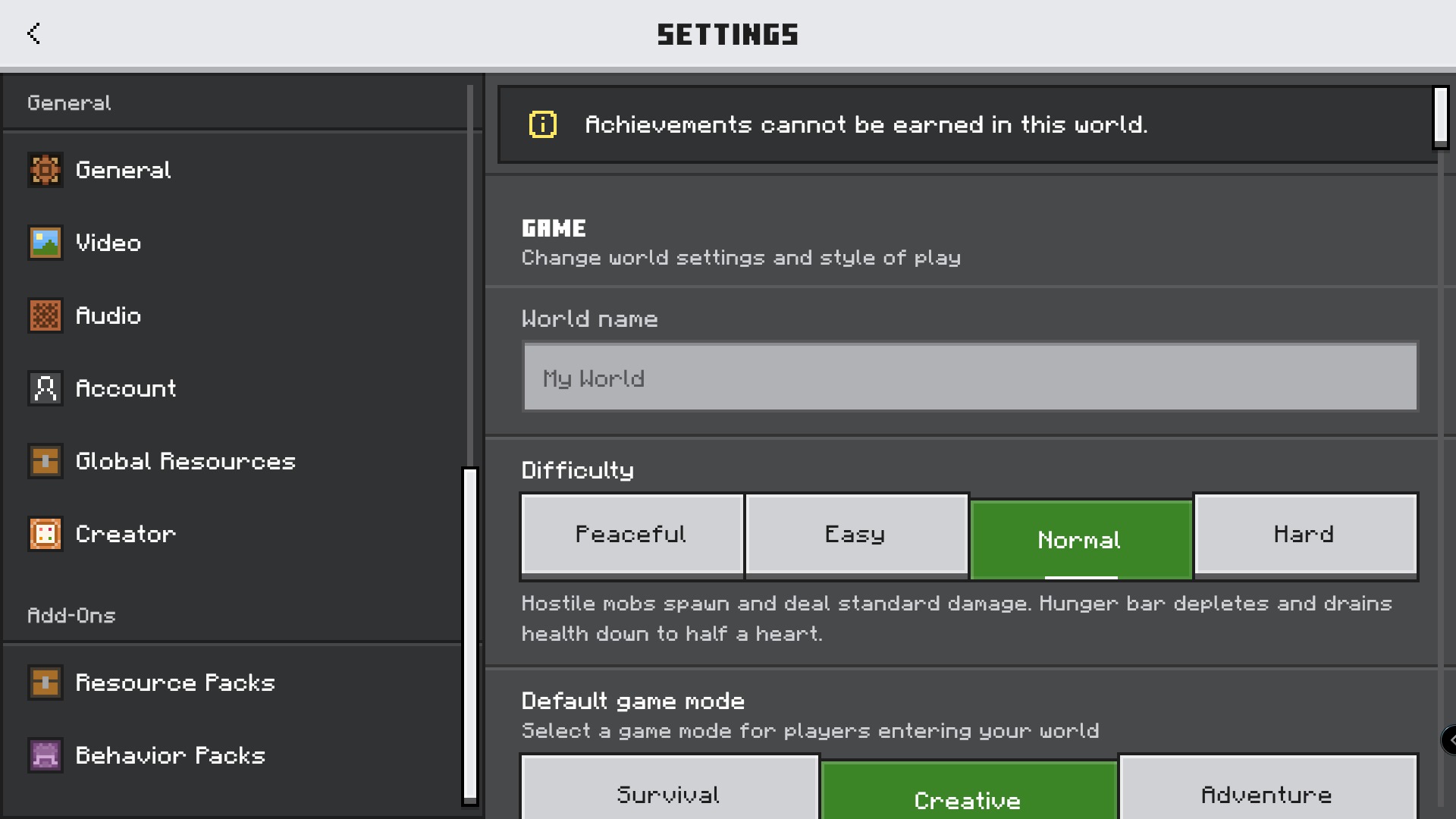 Farmer's Delight Bedrock Addon Screenshot 1 Minecraft Pocket Edition settings screen showing world name difficulty and game mode options