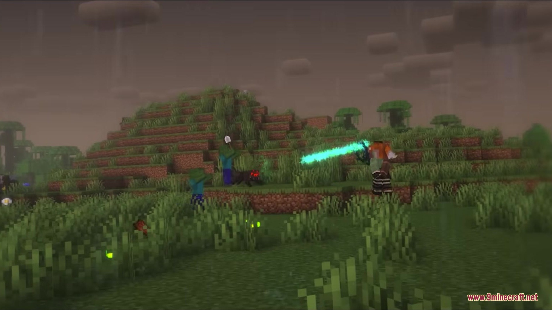 Faunaandorchestra Mod Screenshot 1 Player wielding a dark staff to fire a cyan beam at a zombie