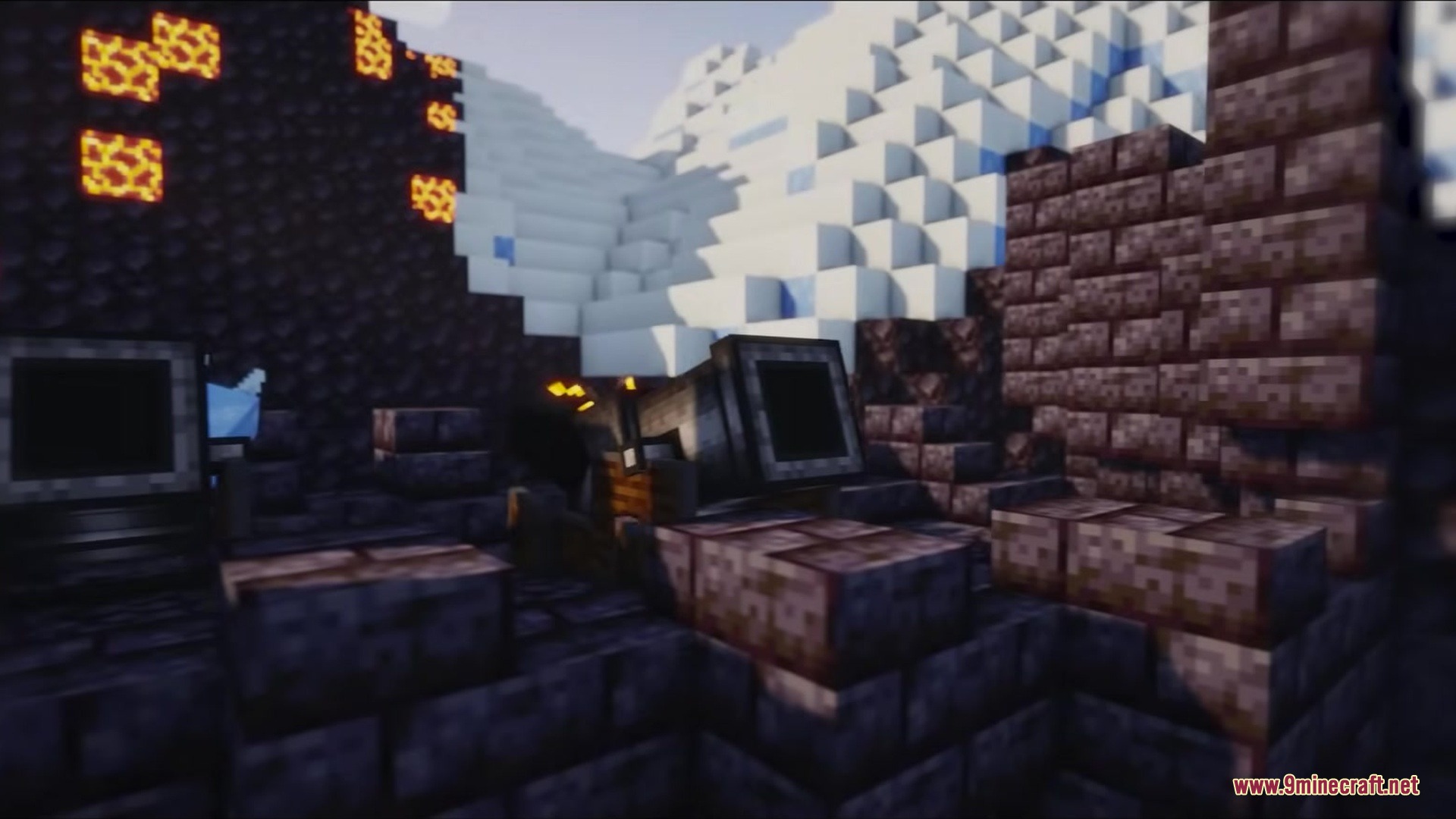 Faunaandorchestra Mod Screenshot 3 A dark stone structure with glowing orange blocks near a snowy mountain