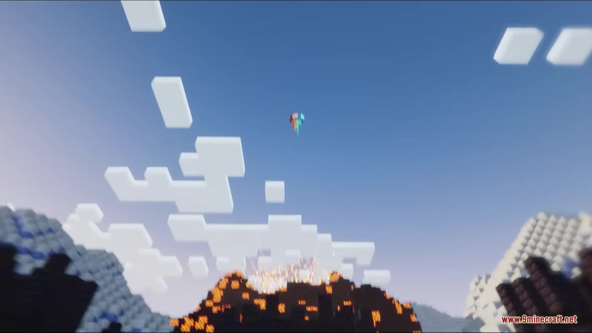 Faunaandorchestra Mod Screenshot 4 A character flies high in the sky above a dark glowing mountain