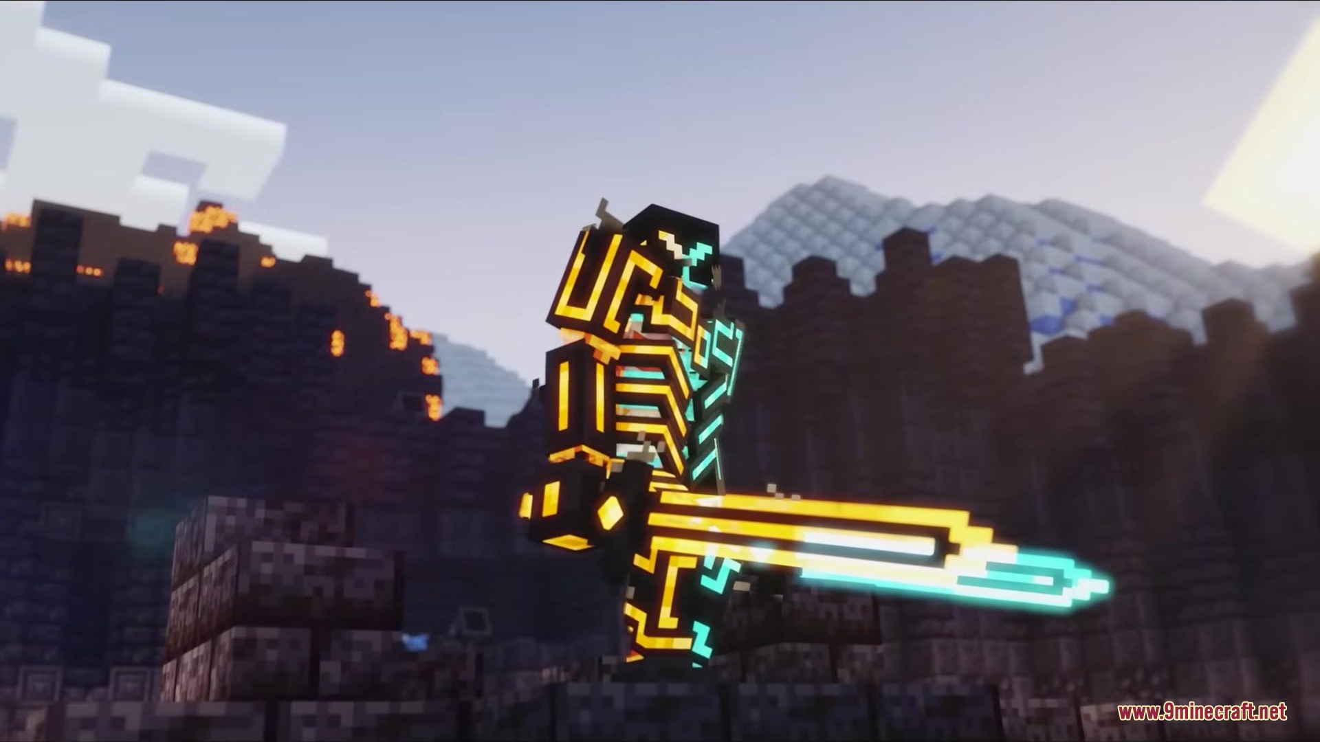 Faunaandorchestra Mod Screenshot 5 A warrior in glowing yellow and cyan armor holding a massive sword