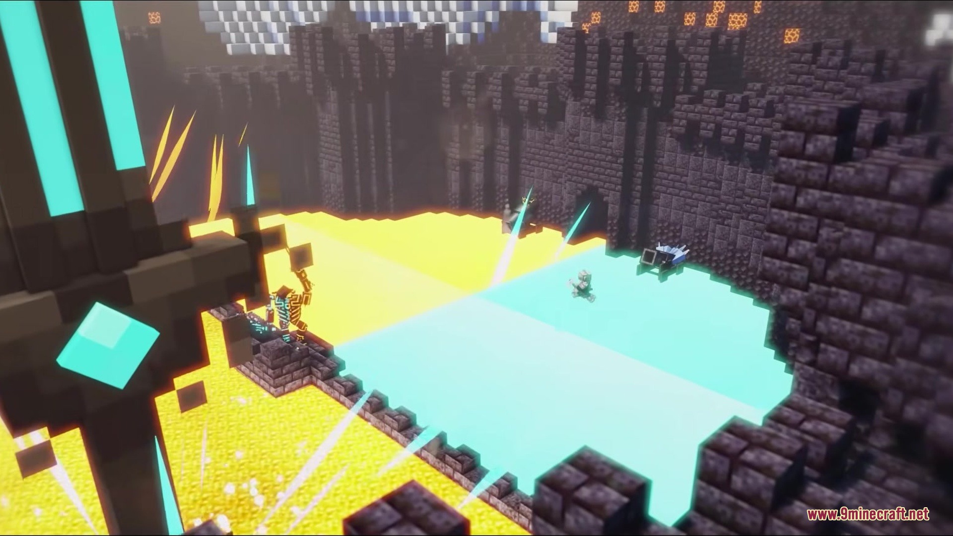 Faunaandorchestra Mod Screenshot 6 A character fighting in a large stone arena with lava and blue energy