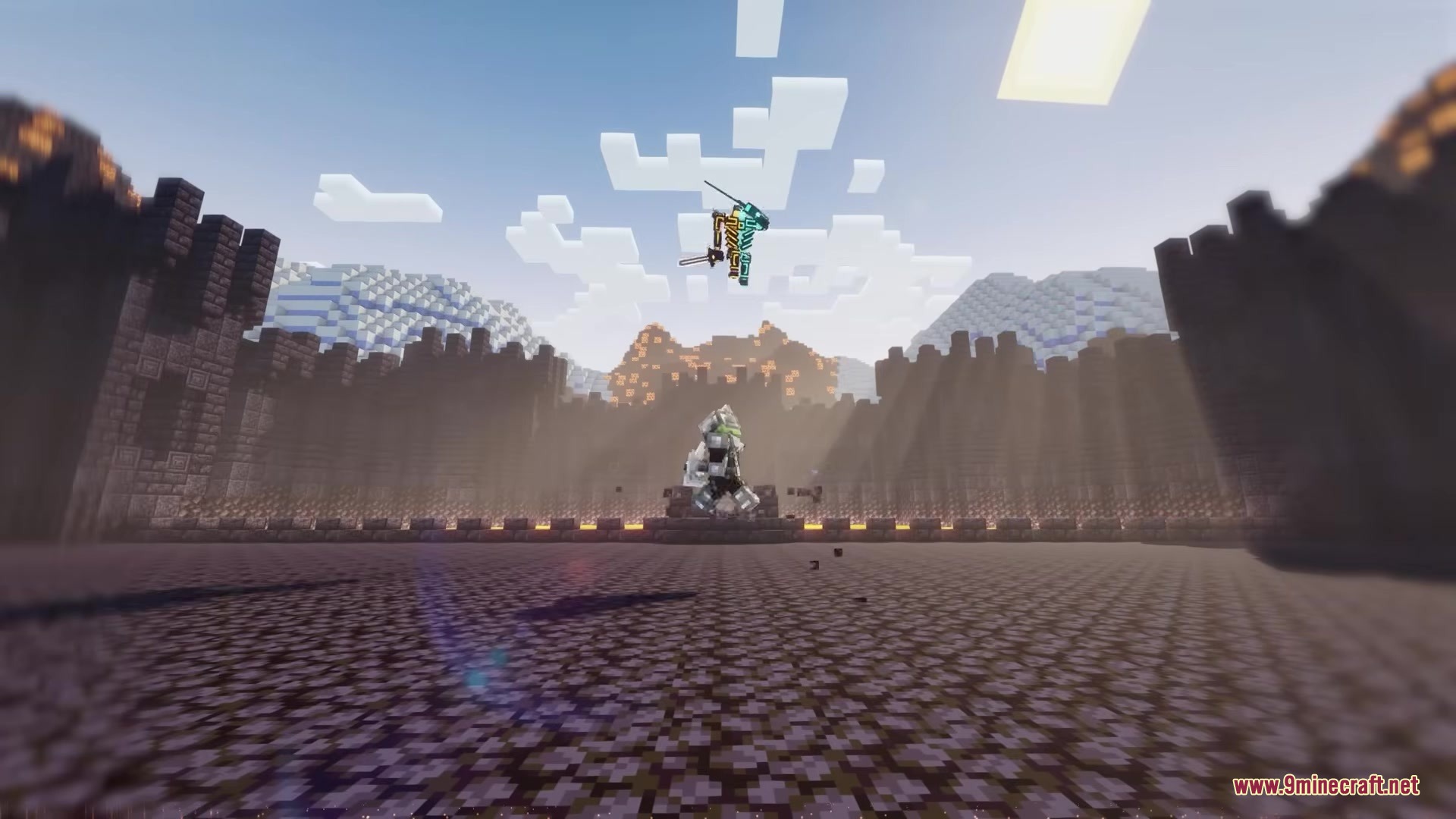 Faunaandorchestra Mod Screenshot 8 A player in armor faces a jumping enemy in a large arena