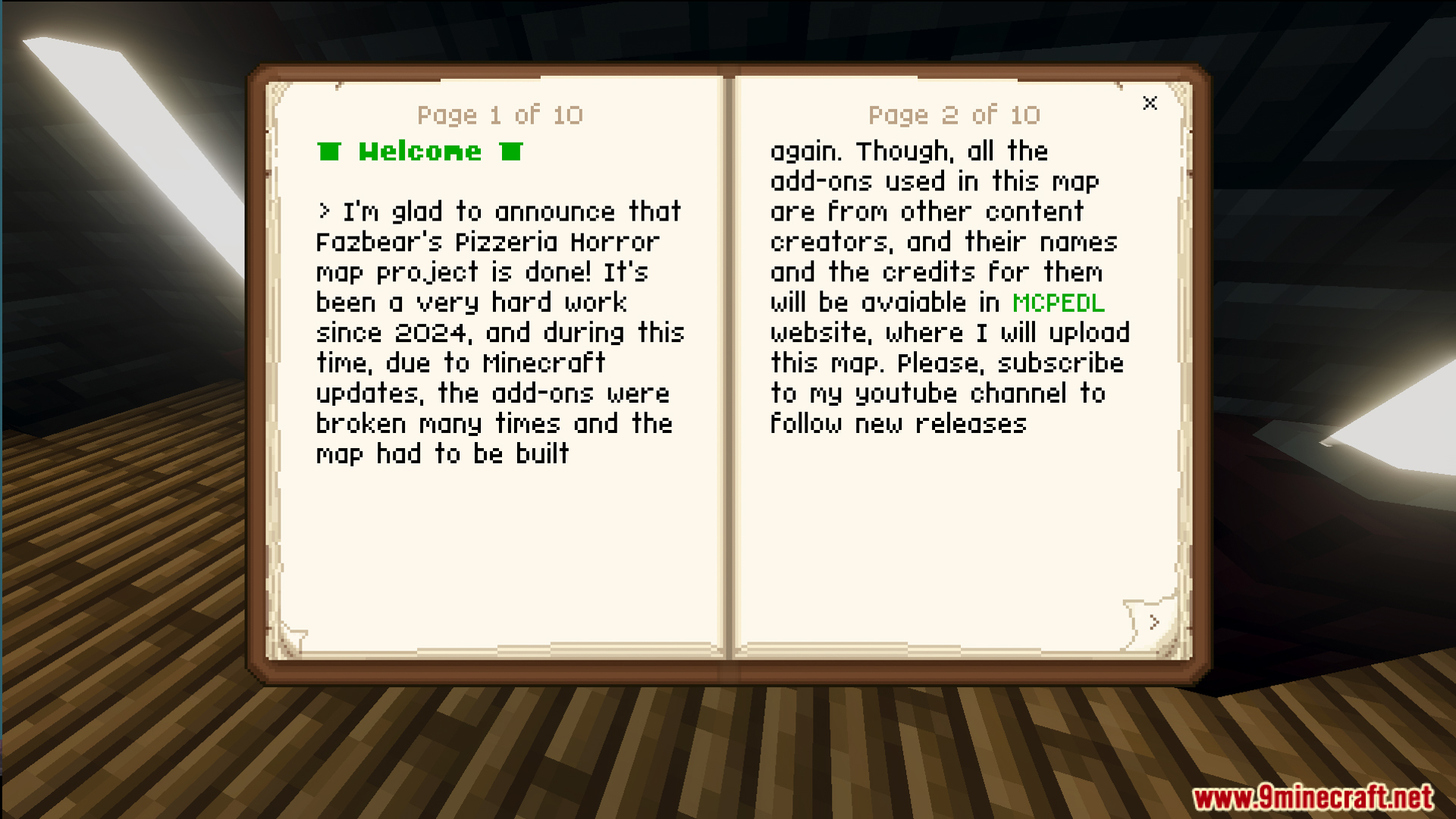 Fazbears Pizzeria Horror Ofv2 Map Screenshot 12 An open book displaying a welcome message for the Fazbears Pizzeria Horror map