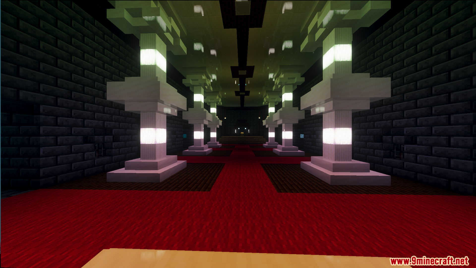 Fazbears Pizzeria Horror Ofv2 Map Screenshot 14 Long hallway with red carpet and glowing white pillars in a dark room