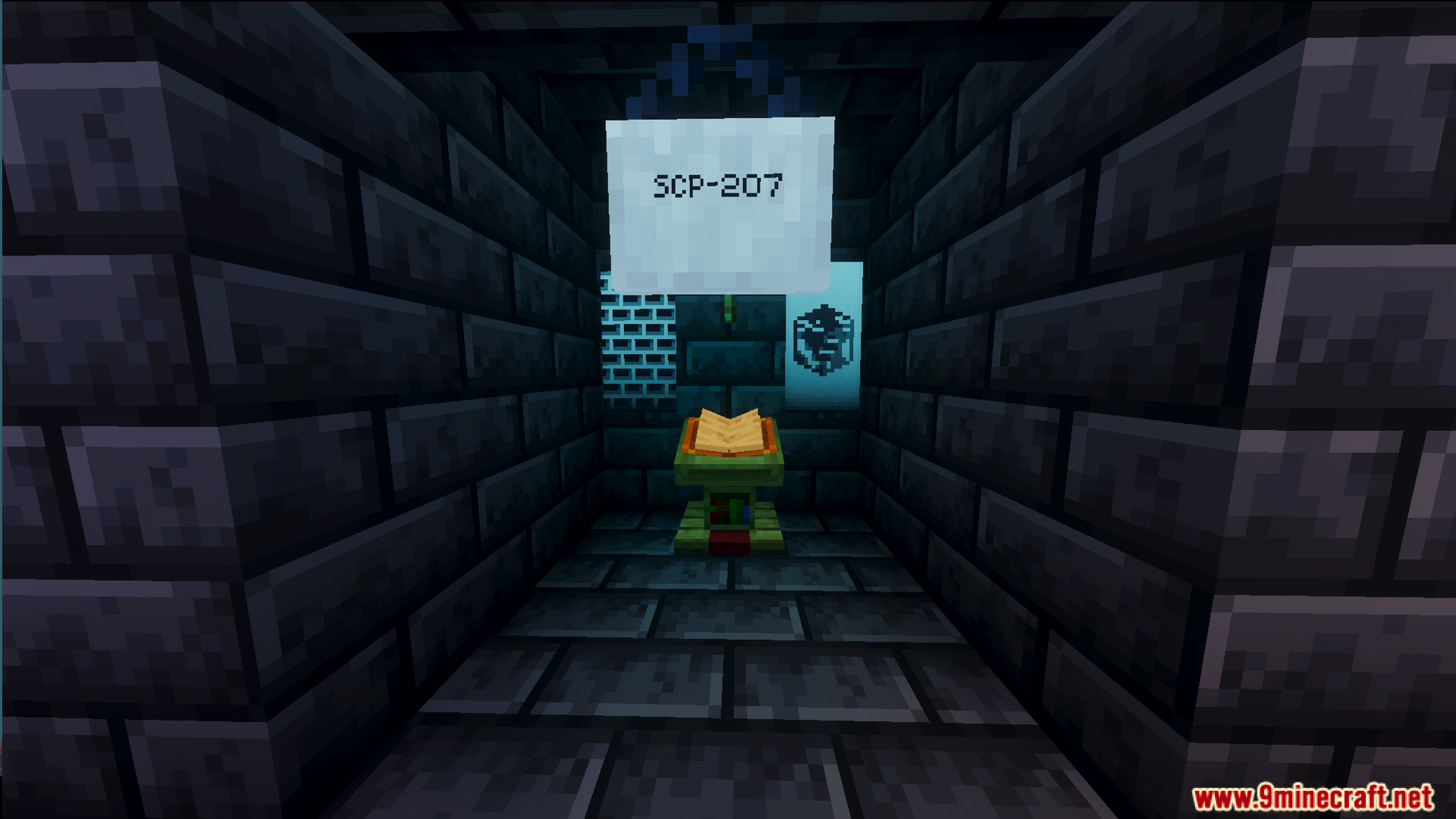 Fazbears Pizzeria Horror Ofv2 Map Screenshot 16 Lectern with an open book under a sign labeled SCP 207 in hallway