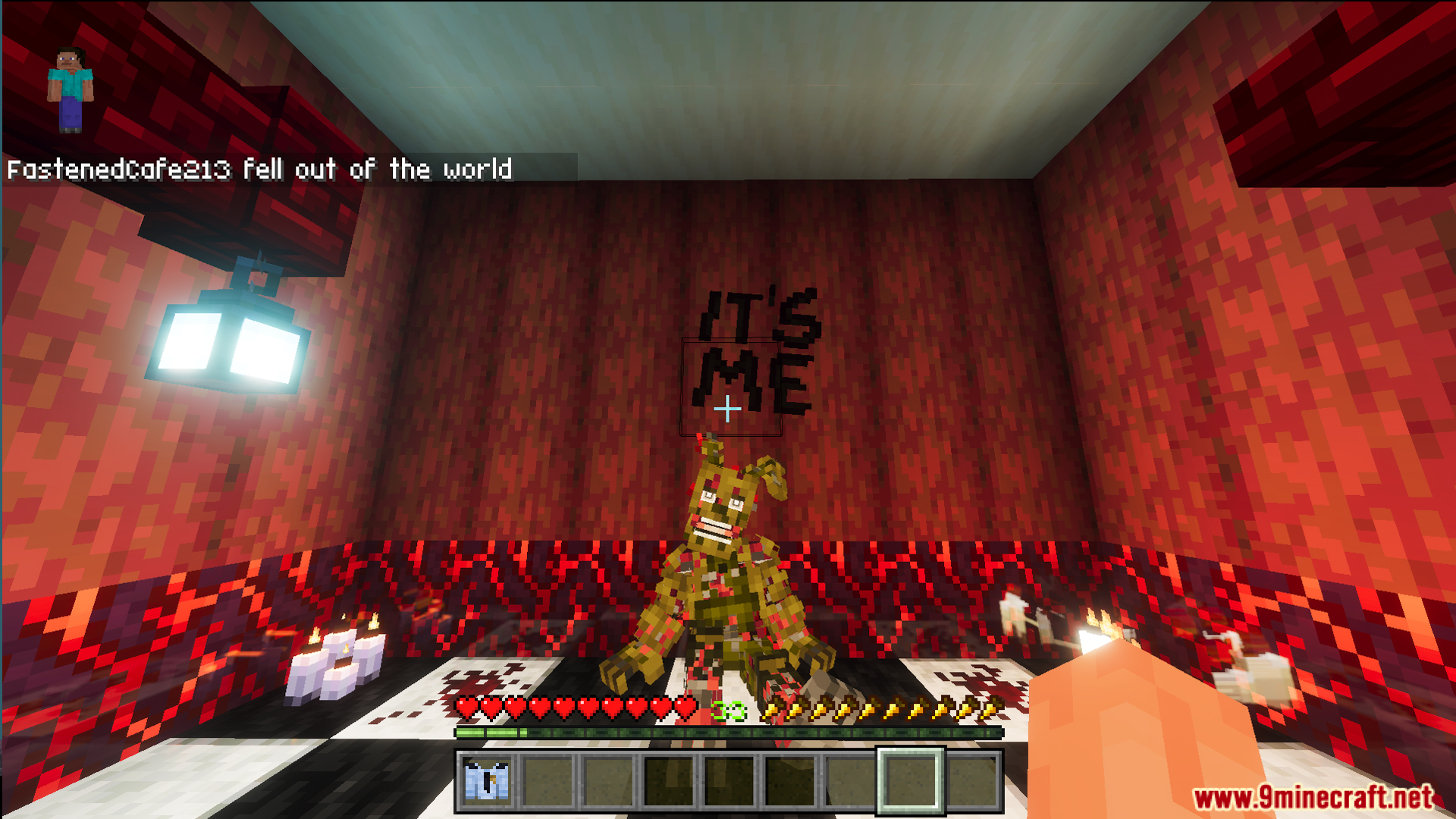 Fazbears Pizzeria Horror Ofv2 Map Screenshot 2 Player looking at a damaged animatronic in a room with red walls