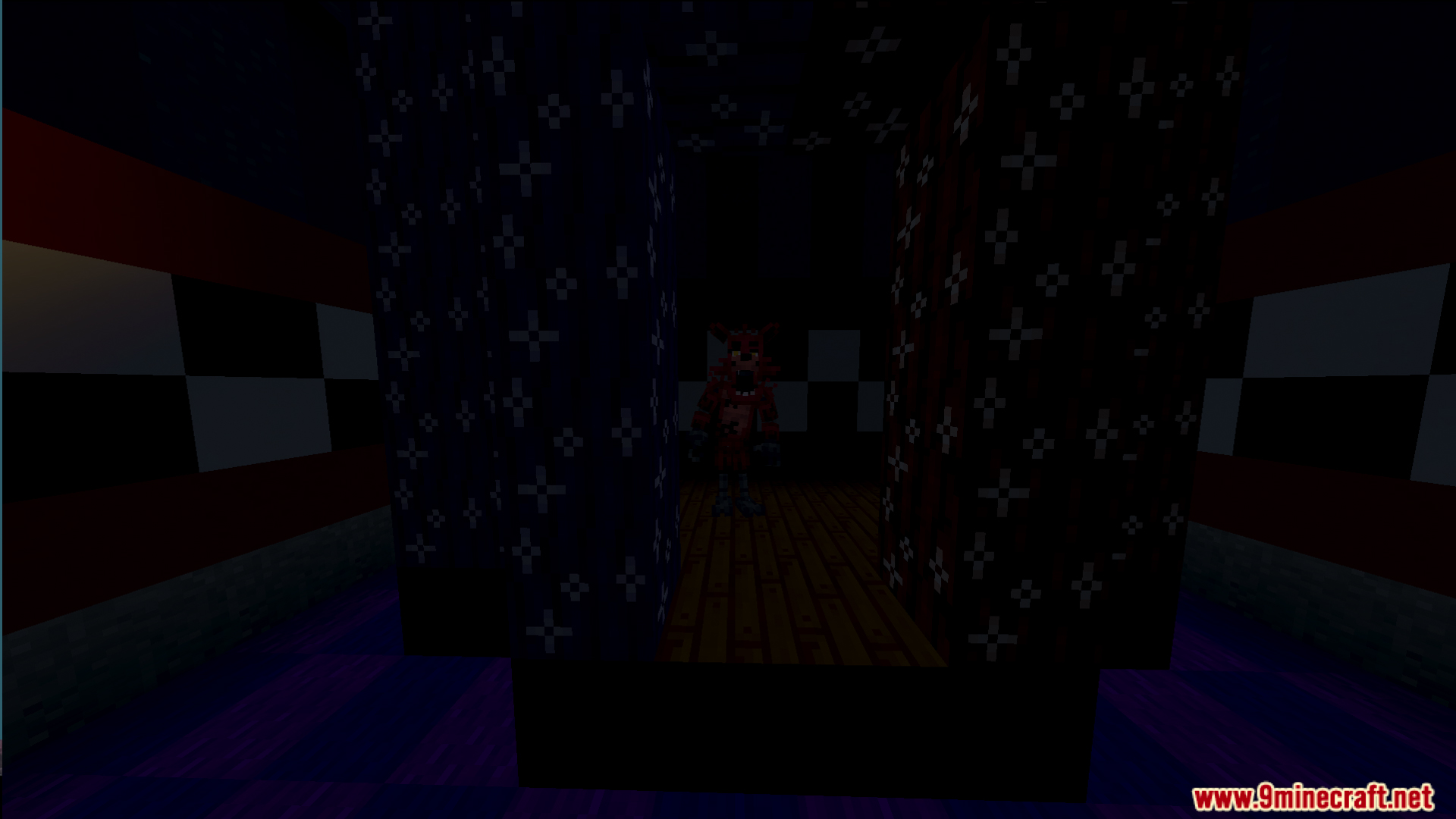 Fazbears Pizzeria Horror Ofv2 Map Screenshot 4 Red animatronic character peeks through curtains in a dark and scary hallway
