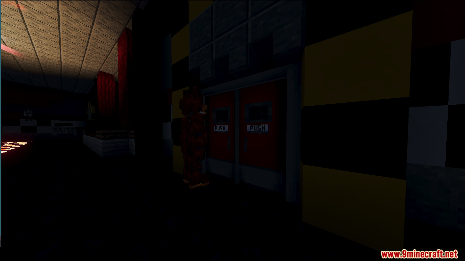 Fazbears Pizzeria Horror Ofv2 Map Screenshot 5 Freddy Fazbear stands by red double doors in the dark Fazbears Pizzeria map